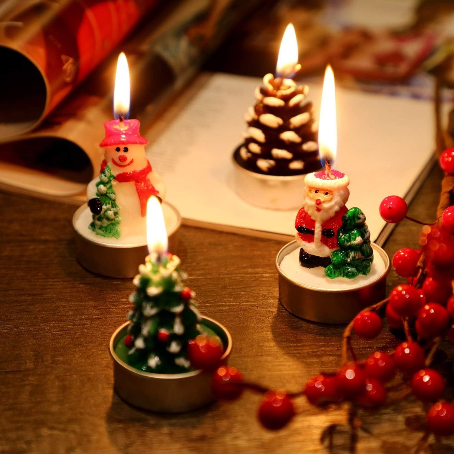 12 Pieces Tealight Candles Handmade Delicate Santa Hat Claus Christmas Tree Candle Wax Snowman Elk Pinecone House Candles for Party Wedding Spa HomeChristmas Decoration
