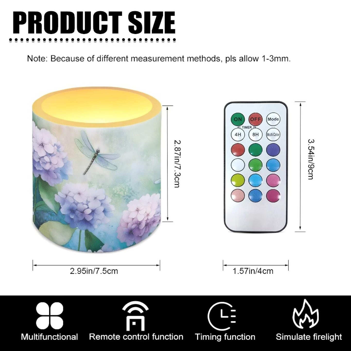 Cozeyat Hydrangea Dragonfly Elegant Flameless Candles 4 Pack Waterproof Battery Operated LED Pillar Candles with Remote Control Timer for Home Patio Garden Decoration