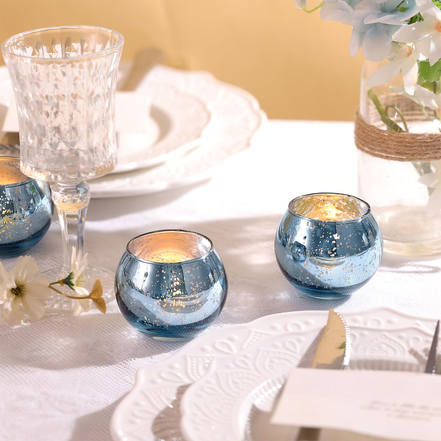 LAMORGIFT 36 Pcs Blue Votive Candle Holders - Mercury Glass Tealight Holders for Dusty Blue Wedding Decor, Centerpiece Table Decorations