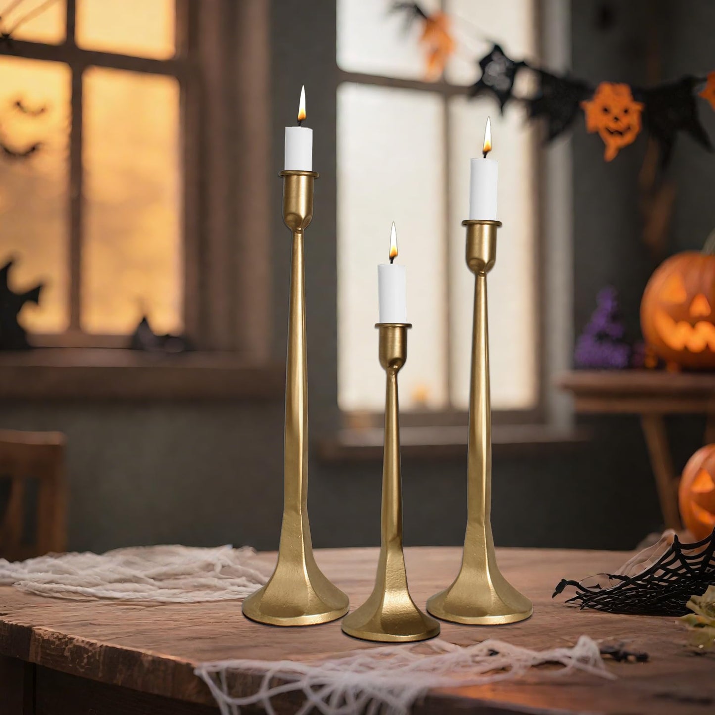 Set of 3 Taper Candle Holders, Cast Iron Candlestick Holders Tall for Wedding, Dining Table, Halloween & Fall Decor, Home Decoration (Gold, 12" 14" 15.5")