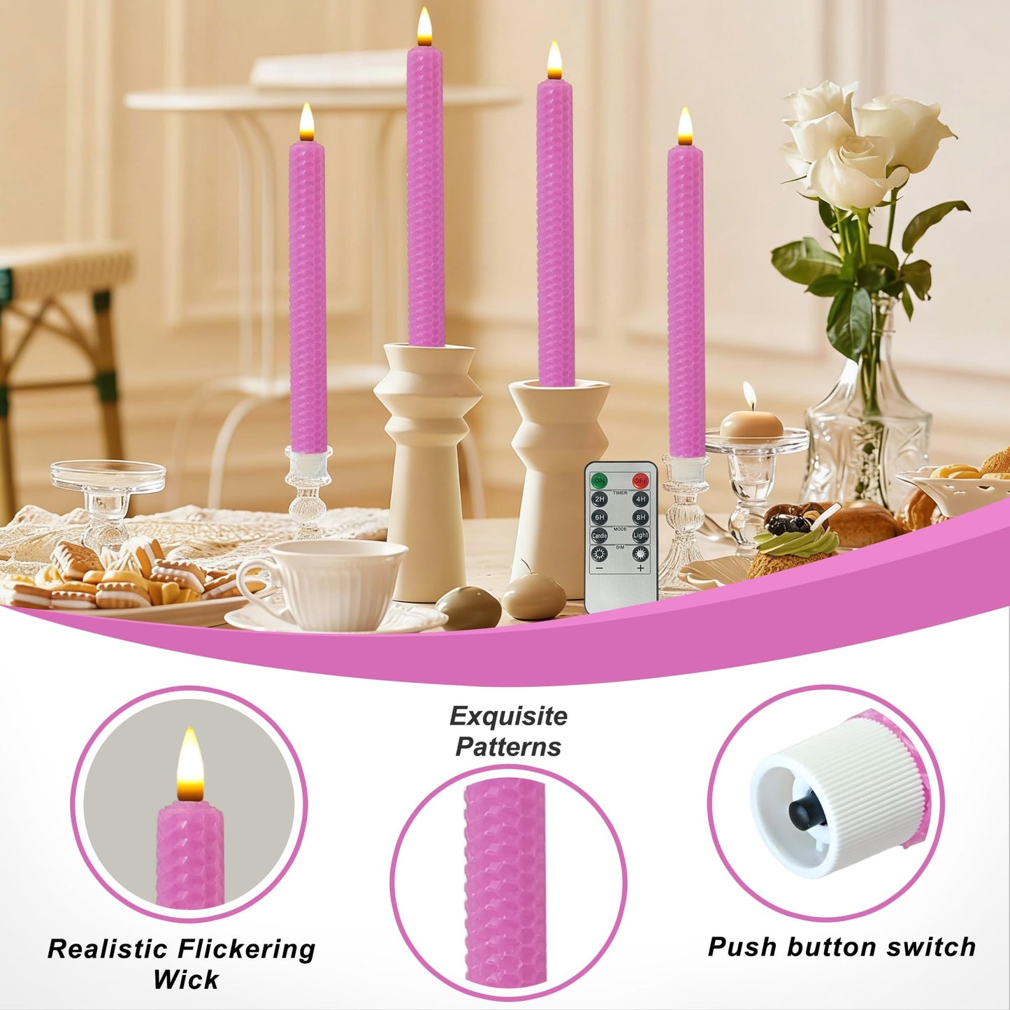 Gedengni Beeswax Honeycomb Flameless LED Taper Candles, 9.5 Inch Flickering Wax Candles with Remote & Timer, Pink Battery Operated Dripless Tapered Candle for Home Wedding Decor, 4 Pack