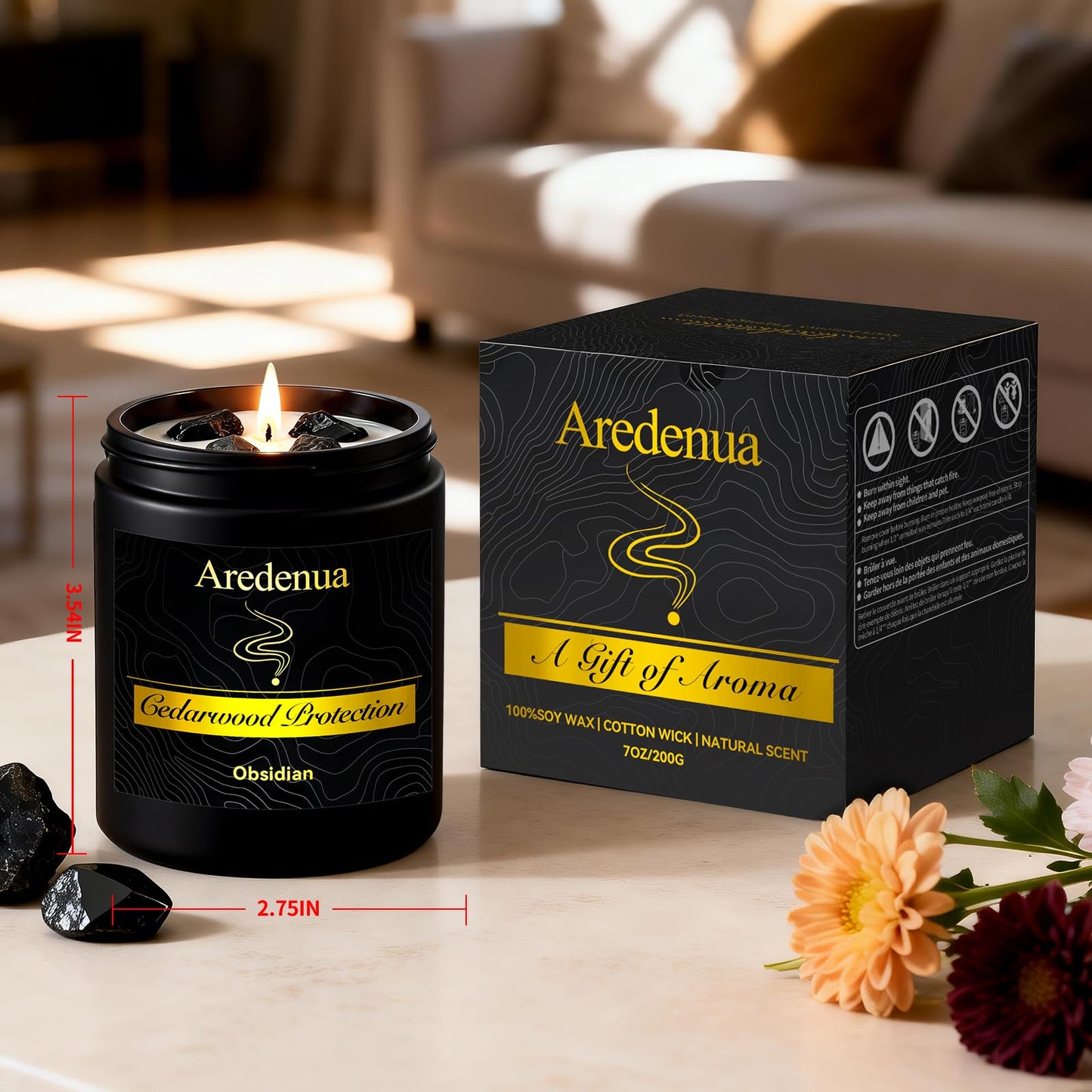 Aredenua Scented Candle with Crystal for Emotional Protection and Grounding - Cedarwood Aromatherapy Candle with Obsidian Healing Crystals, Natural Soy Wax 7oz, Strength Gift for Women Men