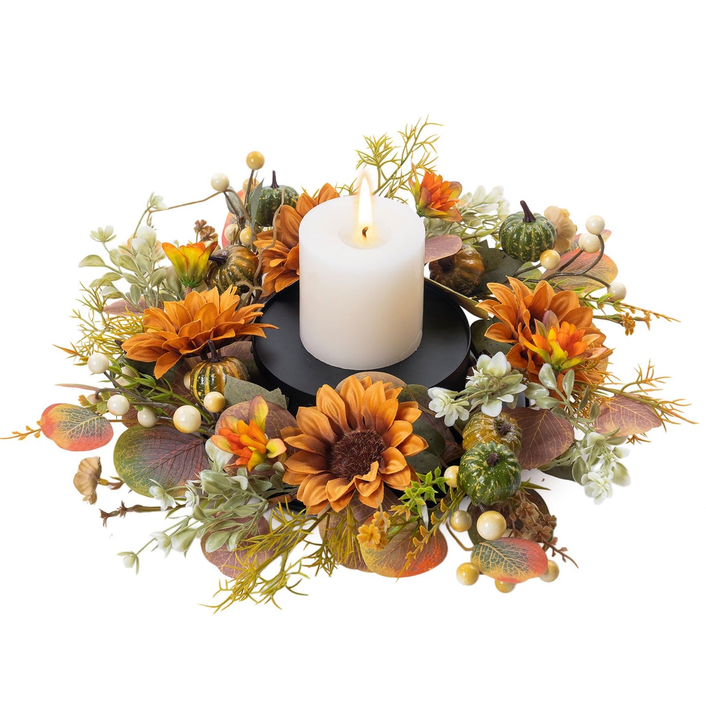MOYEE Autumn Candle Holder Centerpieces for Tables,Candle Ring, Black Metal Candlestick with an Artificial Wreath 14 in Versatile Dining Table Centrepiece (Caramel Sunflower Wreath)