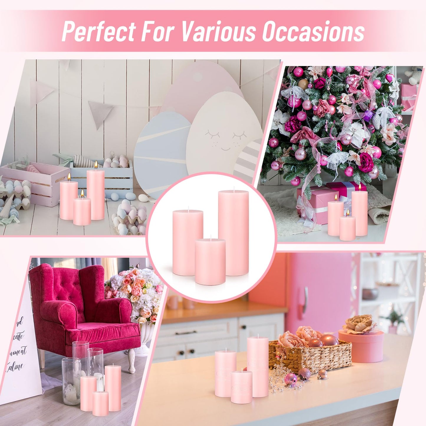 Sumind Set of 12 Pillar Candles Bulk 3"x 4", 6", 8" Dripless Unscented Poured Candles Long Clean Burning Tapers for Wedding Rustic Party Spa Bath Home Decor Relaxation All Occasions(Pink)