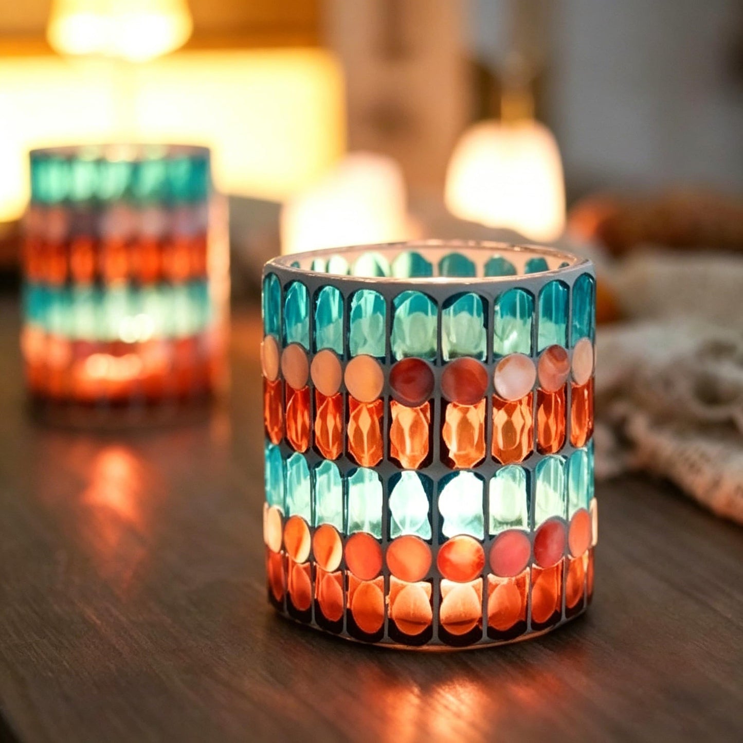 Glass Candlestick Romantic Mosaic Broken Candlelight Aromatherapy Candle Cup for Valentine's Day Christmas Thanksgiving Tables Center of Party Decorations(NO Candles)