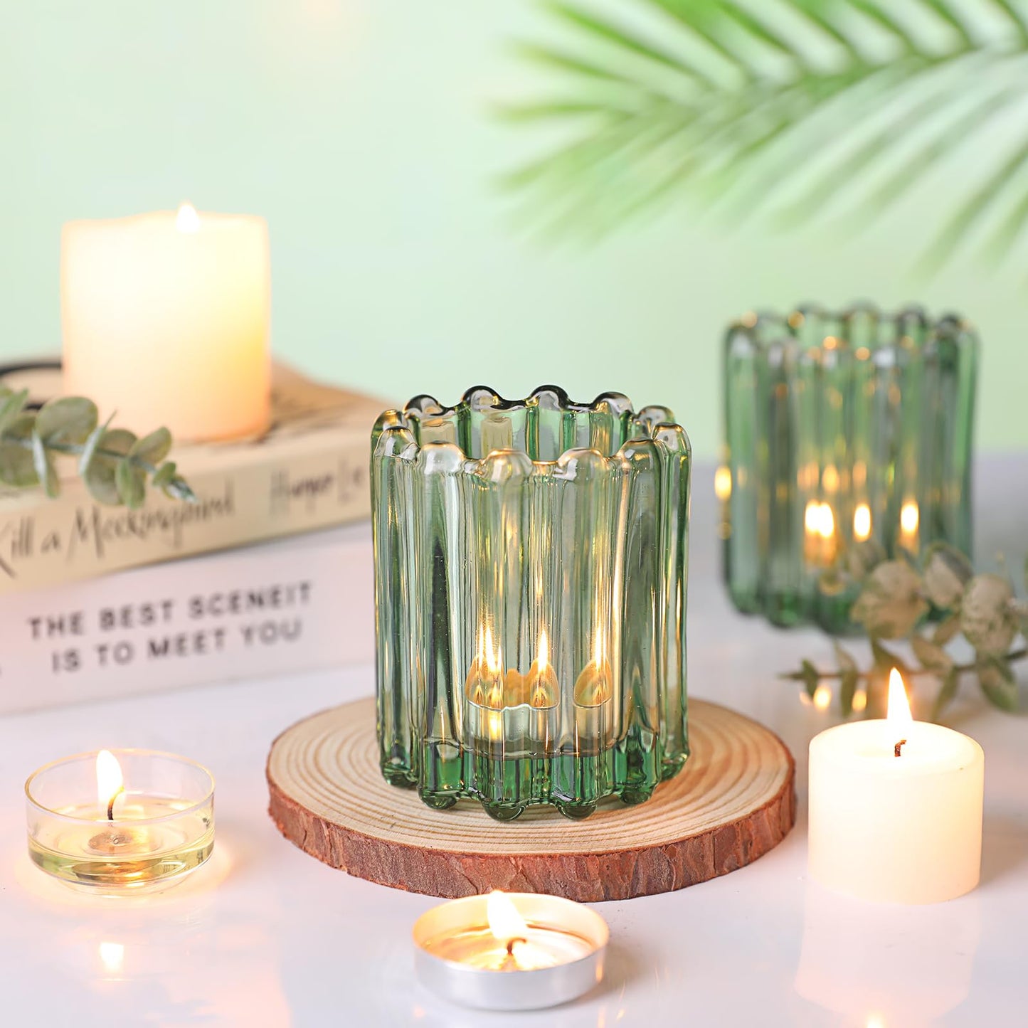 HAVITI Glass Green Votive Candle Holder, Ribbed Votive Candle Holders Set of 12, Tealight Candle Holder for Wedding Centerpieces Dinner Party Table Decor