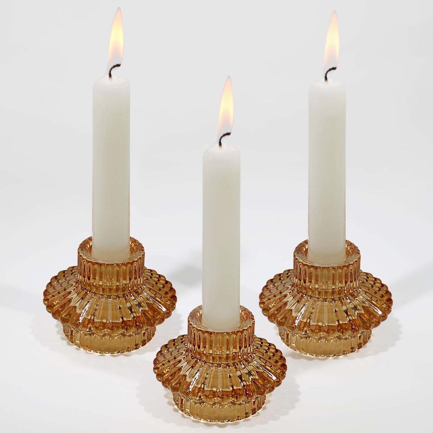 CHOCSTAY Reversible Candlestick Holders Set of 3, Amber Glass Taper and Tealight Candle Holders for Table Centerpiece, Wedding, Party, Home Decor