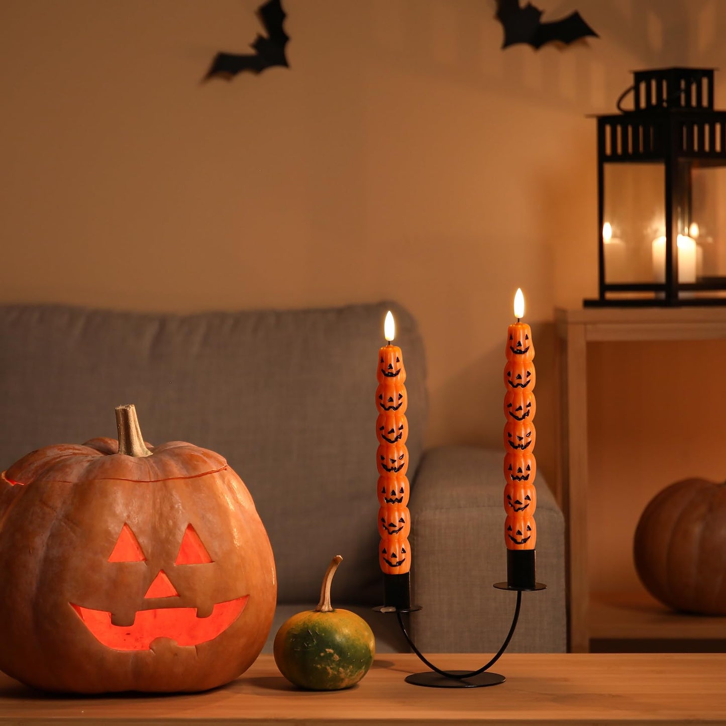 Girimax Orange Pumpkin Halloween Flameless Taper Candles with Remote, Flickering Spooky LED Wax Candlesticks Battery Operated, Set of 4