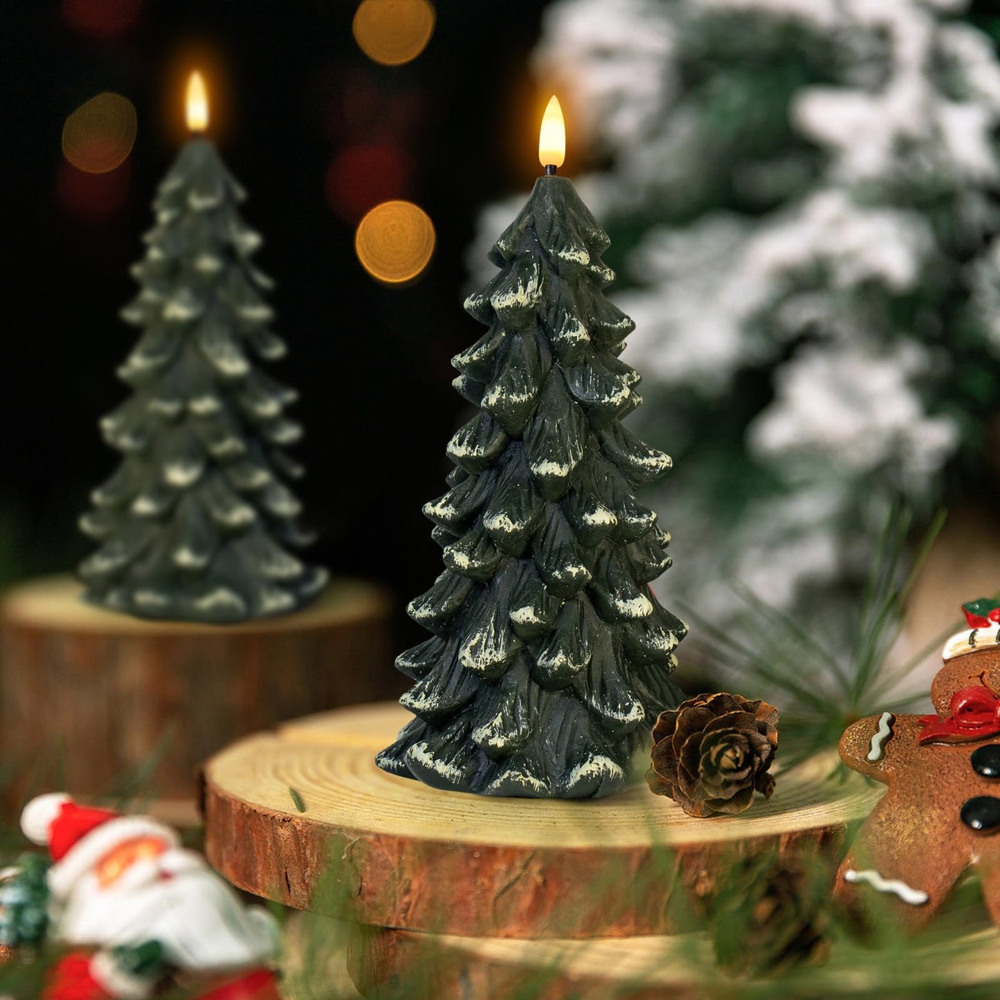 Yongmao Christmas Tree Shaped Flickering Flameless Candles, Green Real Wax Battery Operated LED Candles with Timer for Christmas Home Party Decoration Christmas Gift Set of 2
