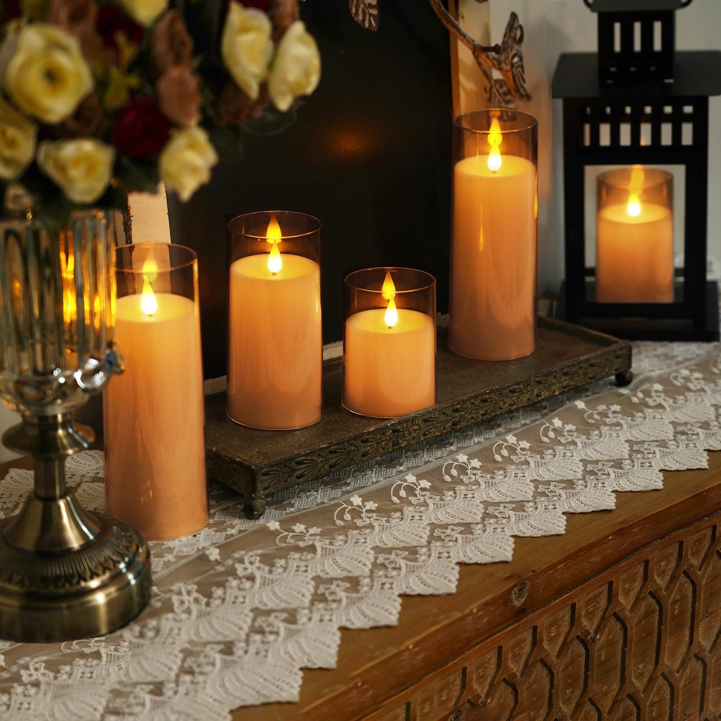 Homemory Amber Flickering Flameless Candles, Battery Operated Acrylic LED Pillar Candles with Remote Control and Timer, Fall Candles, Set of 9