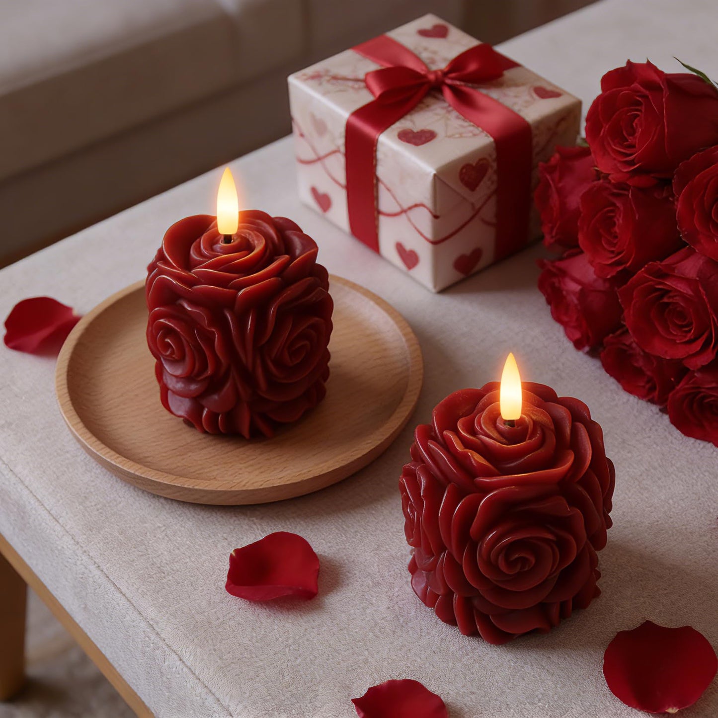 AFINETH Rose Flameless Candles with Remote, Valentines Battery Operated Candles, Real Wax Red LED Flower Candles Valentine's Day Mothers Day Gifts for Her Wife Mom Home Party Decor, 2 Pack