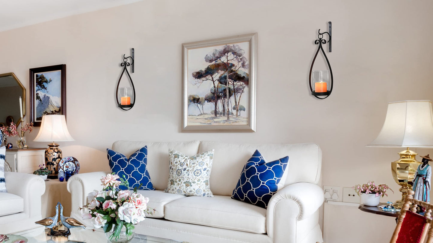 Wisiron Hanging Water Drop-Shaped Wall Sconce Wall Mounted Hurricane Candle Holder Glass & Metal Farmhouse Handcrafted Wall Art Decorations, Black Set of 2 HT21-0204B2