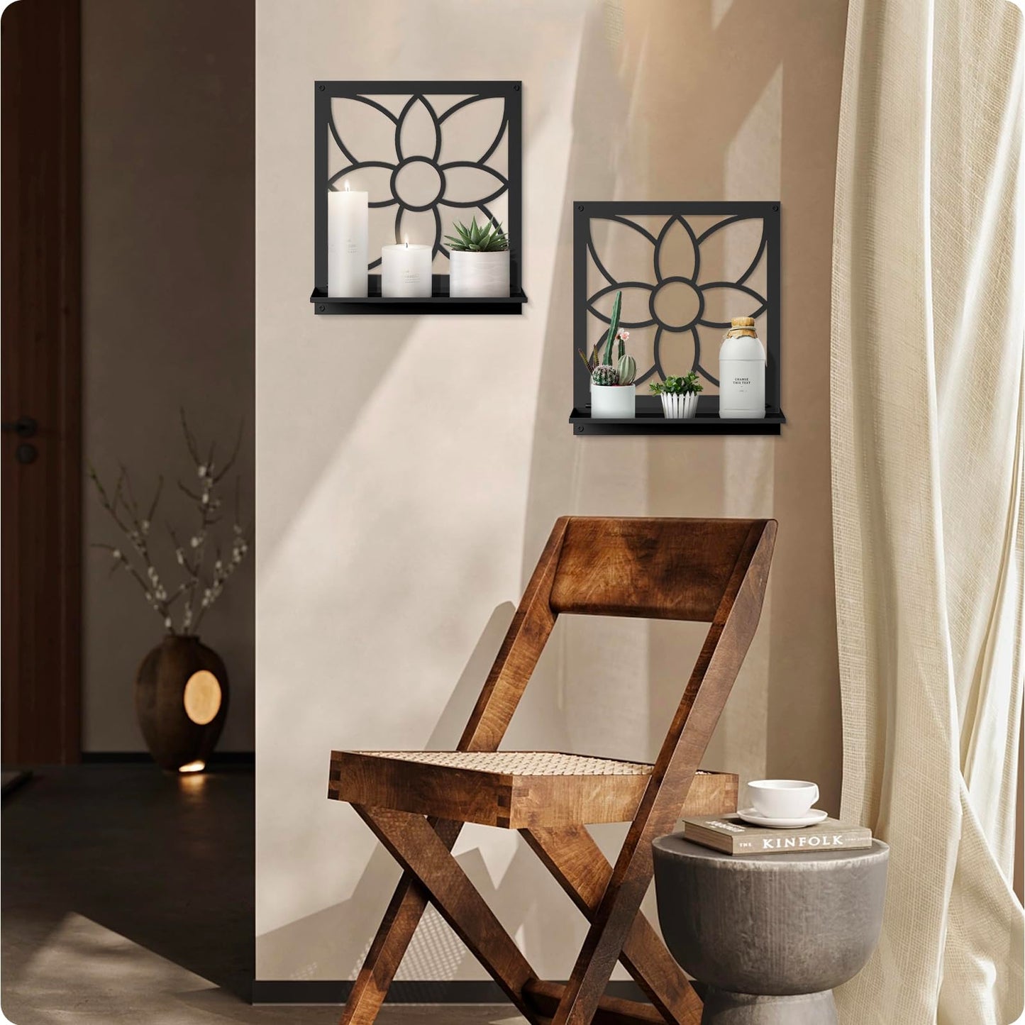 Flower Candle Wall Sconce, Retro Bathroom Wall Decor, Black Minimalism Wall Art for Living Room Bedroom Bathroom (2 Pack 11.8 x 13 in)