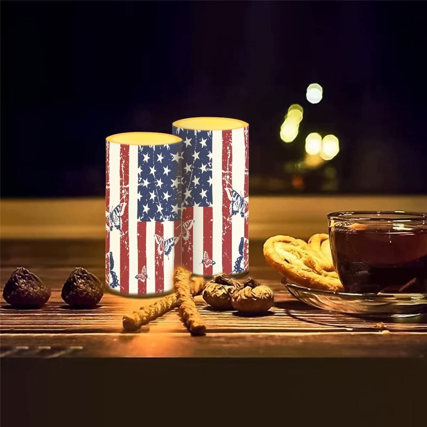 Cozeyat US Flag Print Flameless Candles 2 Pieces Tealights Battery Operated,Flickering Realistic Votive Tea Lights Moving Wax Pillar Electric Candles for Parties,Home Decoration