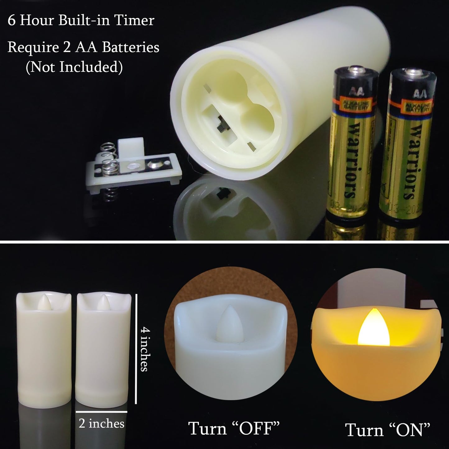 6 Pack LED Battery Operated Candles 2"x4" Plastic Flickering Flameless Candles with Timer Outdoor Waterproof Wedding Party Halloween Christmas Decoration Gifts Realistic Slim Tall Pillar Candles