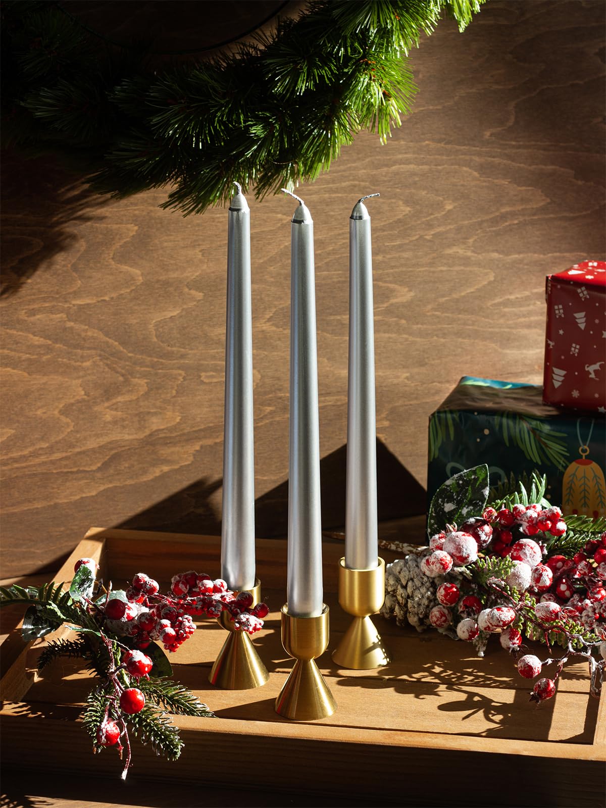 CANDWAX 12 inch Silver Taper Candles Set of 4 - Christmas Candles Taper Dripless - Tall Long Burning Fragrance-Free Silver Candlesticks