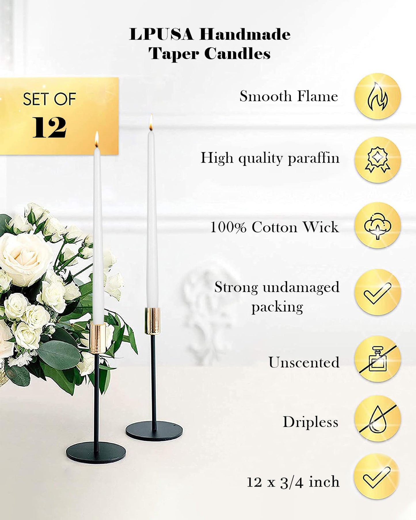 LPUSA Brown Tall Taper Candles 12 inch Unscented Smokeless Long Tall Tapered Candle for Candlesticks Sticks Wedding Advent Home Decor Dinner Christmas,Set of 12