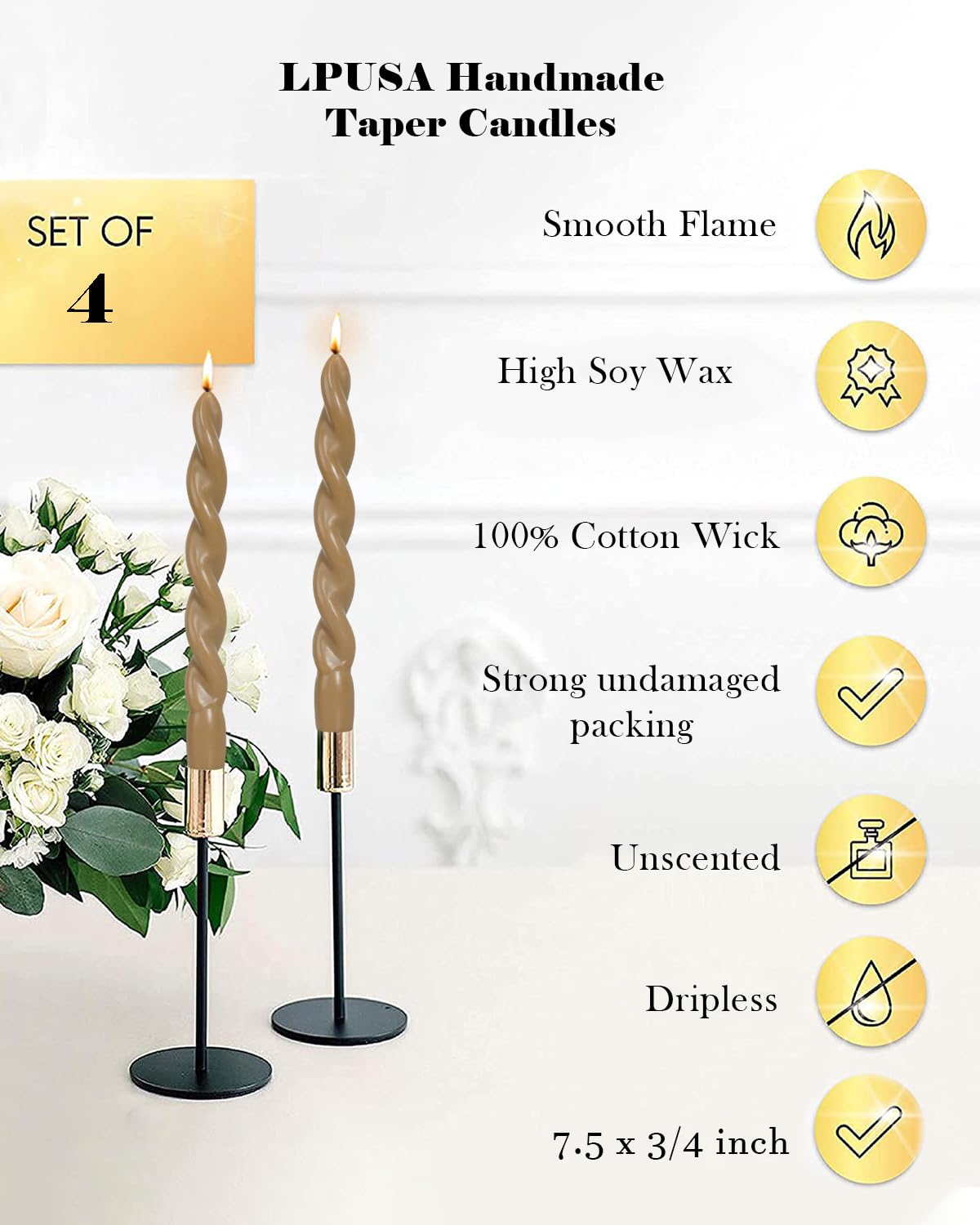 Spiral Taper Candles Brown Short Candle Sticks Unscented Smokeless Twisted Candlesticks for Fall Decor Holiday Dinner Party Christmas Decorations-7.5inch-4pack