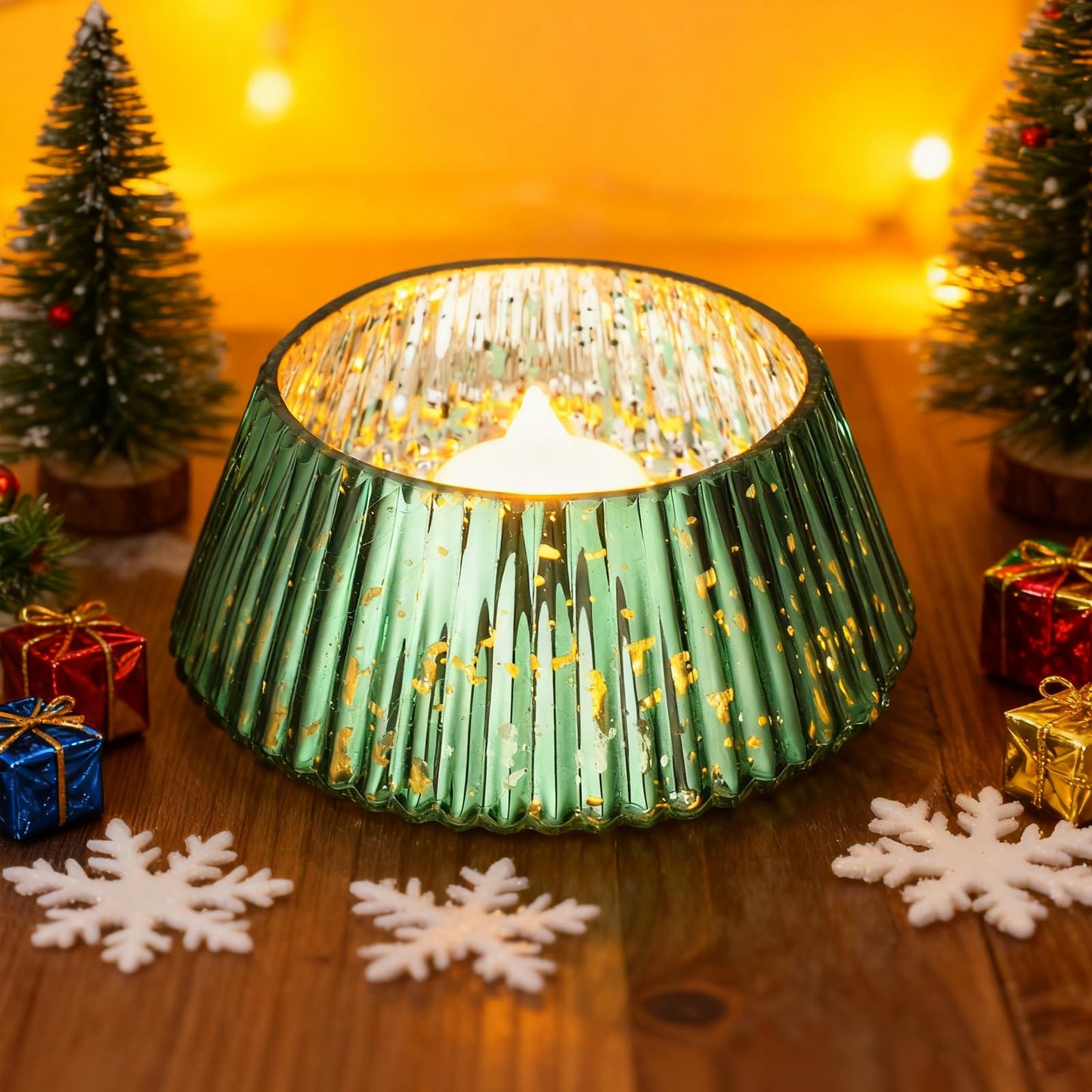 Vesici 3 Pcs 10 oz Christmas Tree Glass Candle Jars Mercury Glass Tree Decorative Xmas Empty Containers Bulk Refillable Storage for Christmas Holiday Candle Making Tea Biscuits Party Favors(Green)