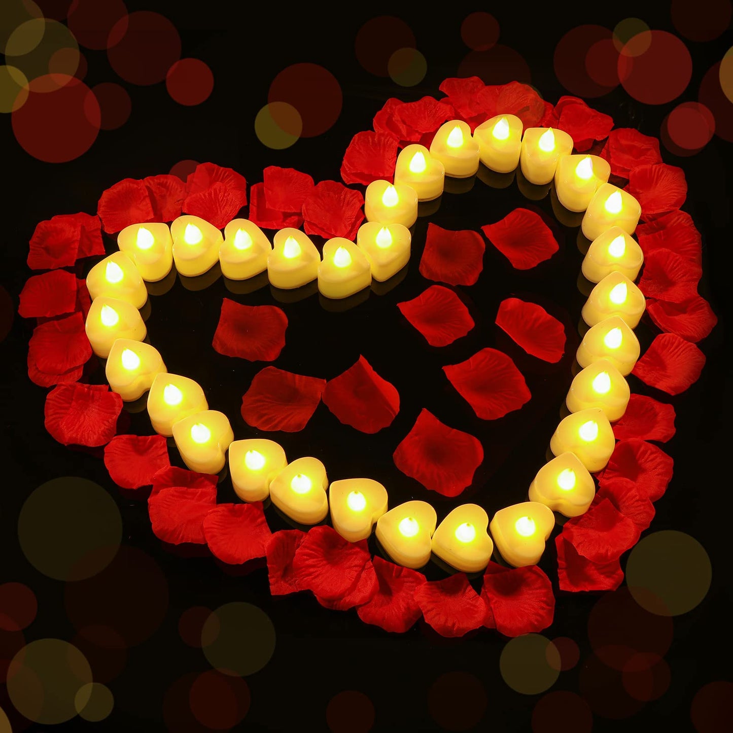 Coume 120 Pcs Romantic LED Heart-Shaped Candles with 6000 Rose Petals Set, Perfect for Weddings, Anniversaries, Home Decor, Date, Valentine’s Day, Battery-Operated, Reusable (Warm White Light)