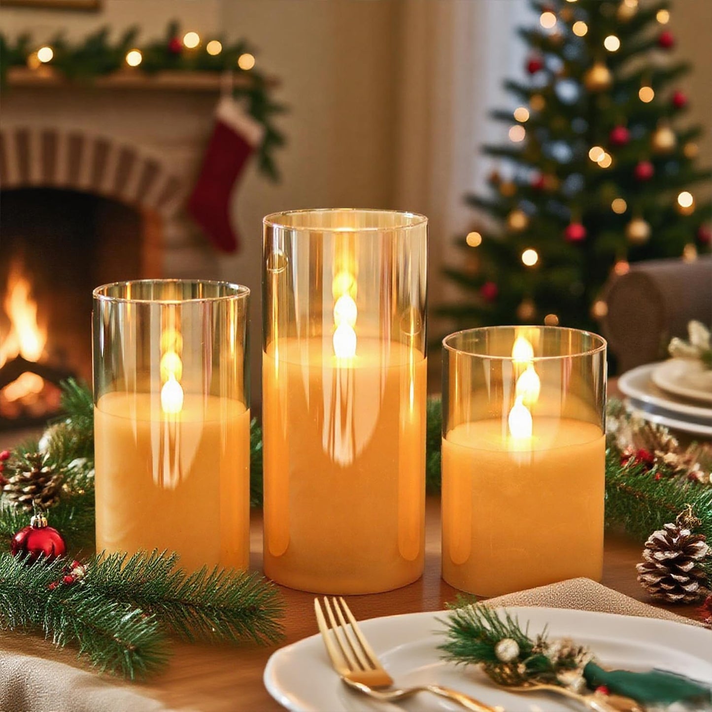 GenSwin Rechargeable Candles with Charging Station, Glass Battery Operated Flamless Candles with Remote Timer, LED Pillar Flickering Candle for Halloween Christmas Wedding Home Decor(Pack of 3, Gold)