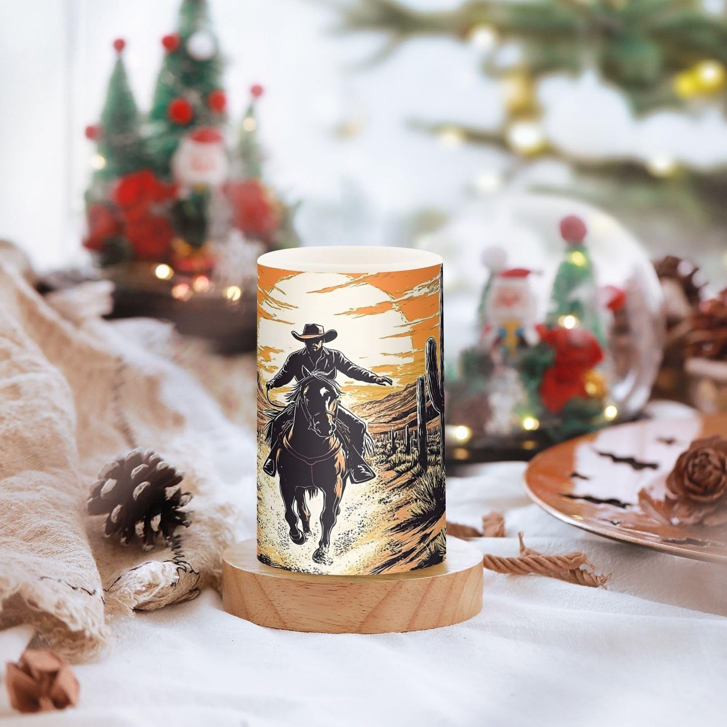 ALAZA Flickering Flameless Candles Western Cowboy Sunset Desert Cactus Battery Operated Candles with Remote Timer LED Pillar Votive Candles Set of 2 for Holiday Decor