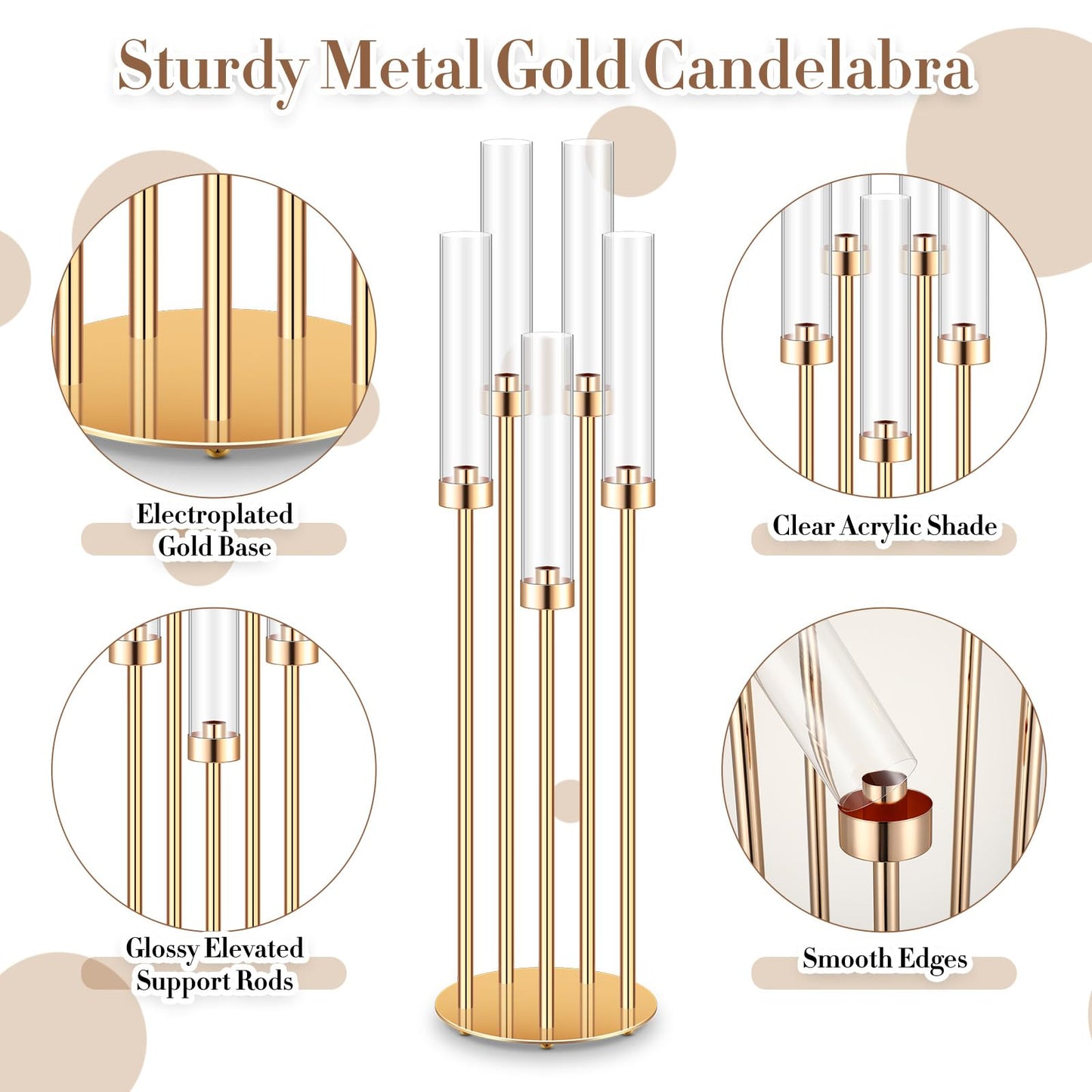 Tandefio 4 Pcs Acrylic Candelabra Centerpieces 35" Tall Clear Candle Holders Pillar Taper Candlestick with Lampshades 5 Arm Floor Candelabra Stand for Wedding Christmas Ceremony Dinner Party