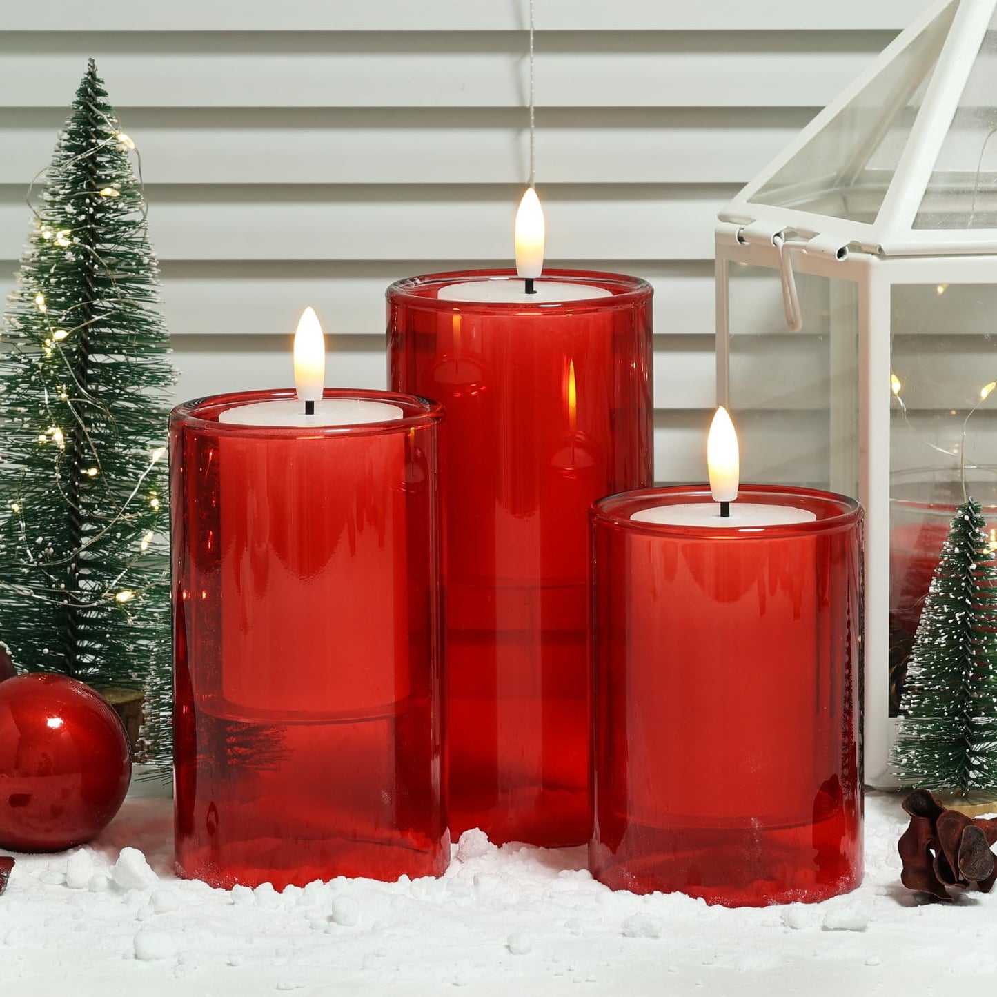 NURADA Flameless Candles with Remote Timer: 3D Wick Battery Operated Led Pillar Candle Fake Candles Set for Wedding Birthday Halloween Christmas Decorations - Red