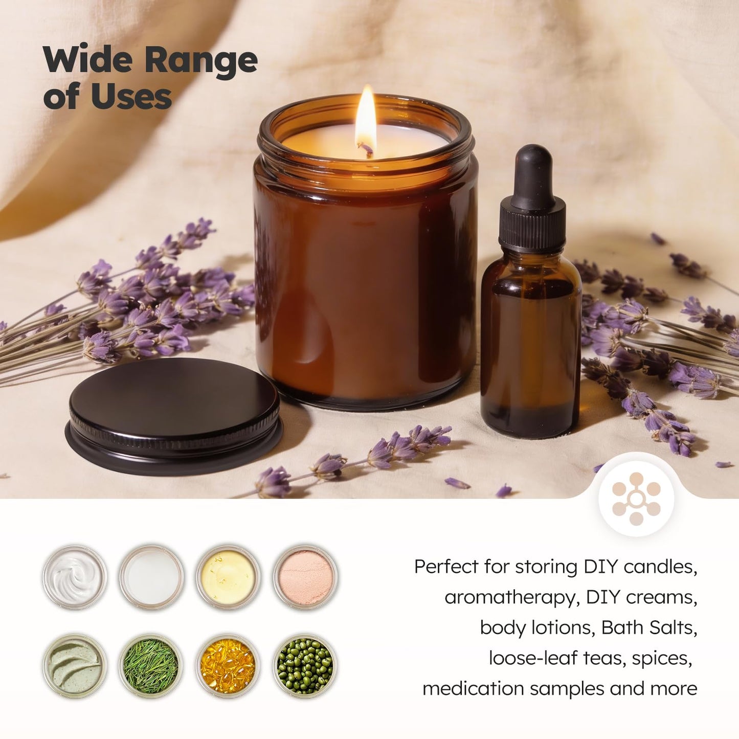 Tecohouse 8oz Amber Glass Jars with Metal Lids, 3 Pack Candle Jars with Blank Labels, 250g Wide Mouth | Lotion Container for Sample, Cream, Lotion, Honey, Powder, Jelly | Home & Beauty