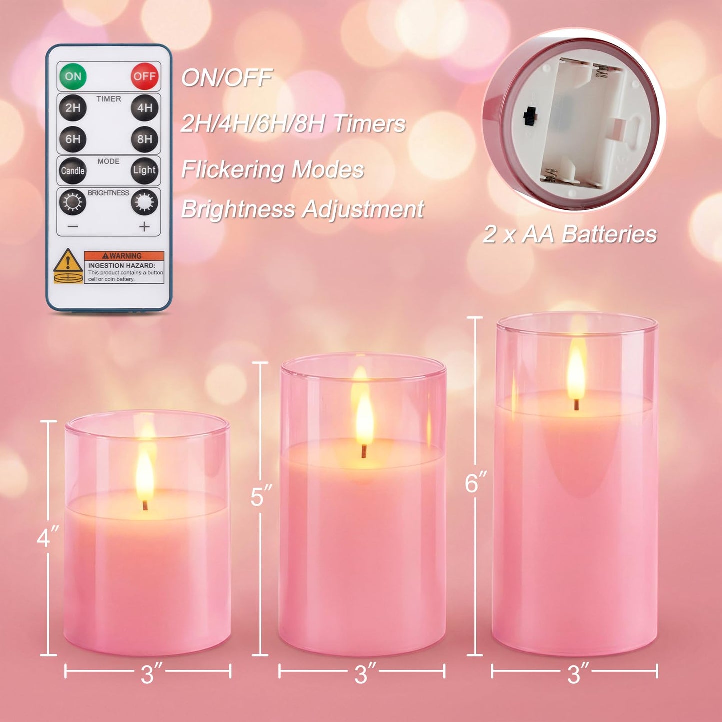 Homemory Pink Glass Flameless Candles, Battery Operated LED Pillar Candles with Remote & Timer, Real Wax Flickering Candles, Romantic Decorative Lights for Home Wedding Party, Set of 3