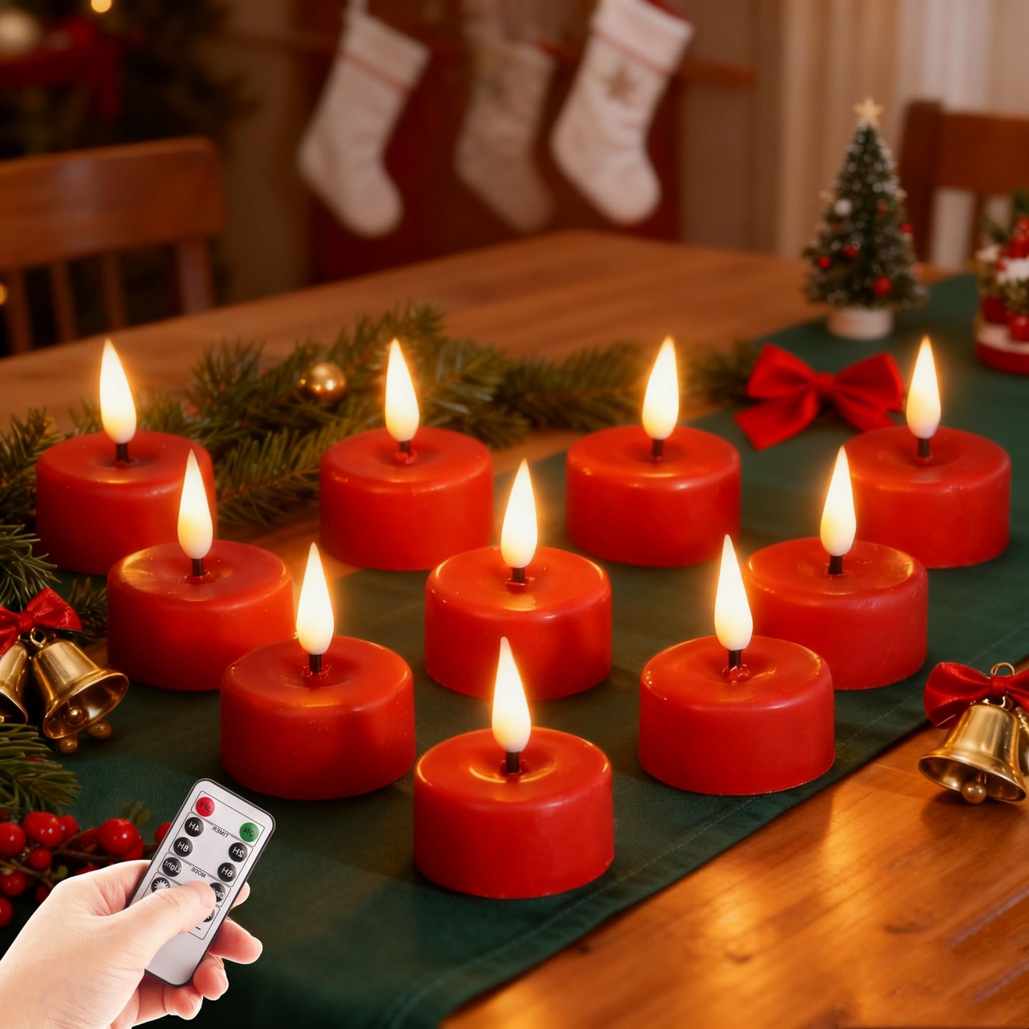 Eywamage Red Flameless Tealights with Remote Batteries, Flickering Real Wax LED Tea Votive Candles Proposal Decor Set of 10