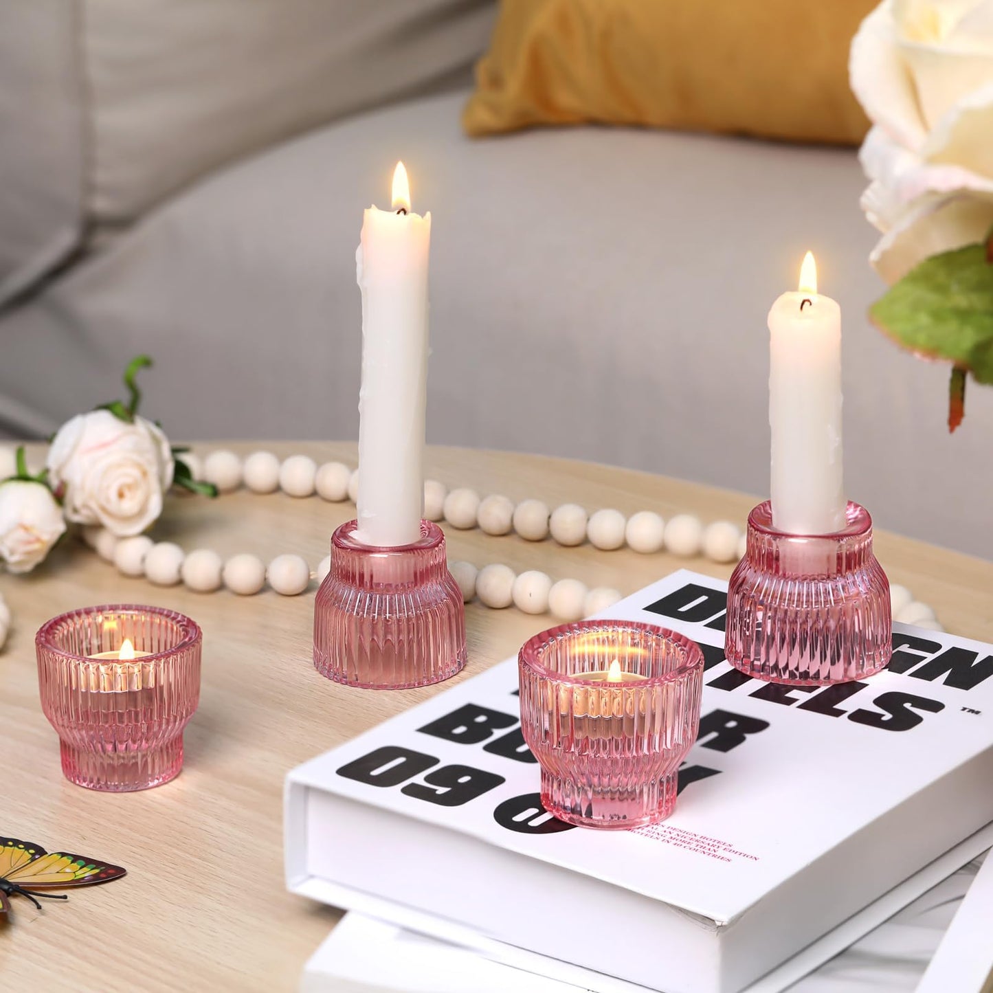 HAVITI 12 Pack PinkTaper Candle Holders, Glass Candlestick Holders, Tea Light Candle Holder for Fall Wedding Centerpieces Table Decorations, Votive Candle Holders for Table Decor
