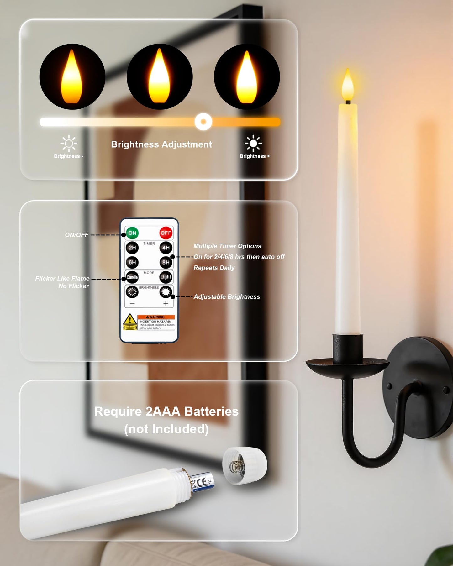 Homemory 12 Pcs Waxy Flameless Taper Candles with Remote, Led Flameless Candlesticks Classic Tall Candle, Flickering Battery Operated Taper Candles for Bedroom, Dining Room, White, 9.6 inches
