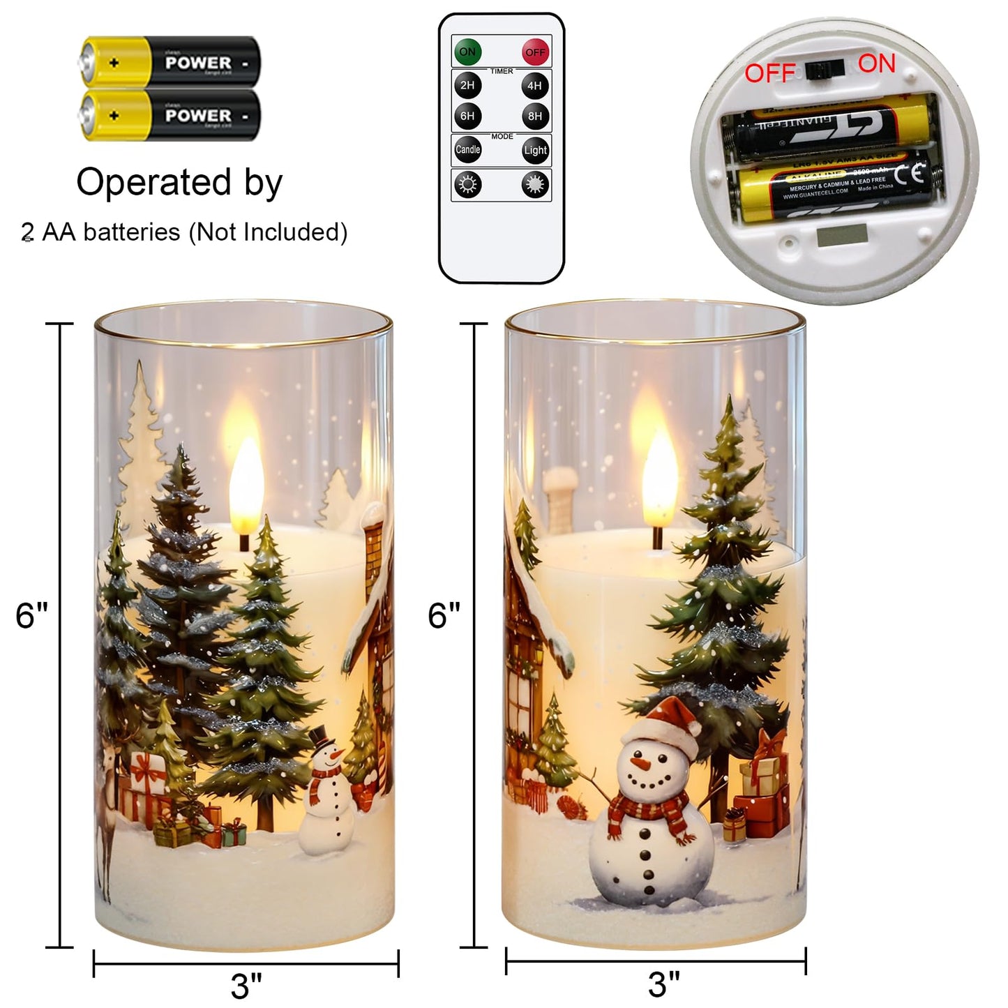 KunSween Christmas Candles with Remote Timer, Set of 2 LED Glass Flameless Candles Battery Operated with Cedar, Snowman, Reindeer, Snowy House Decals for Holiday Winter Party Home Decor(D6” x H3”)