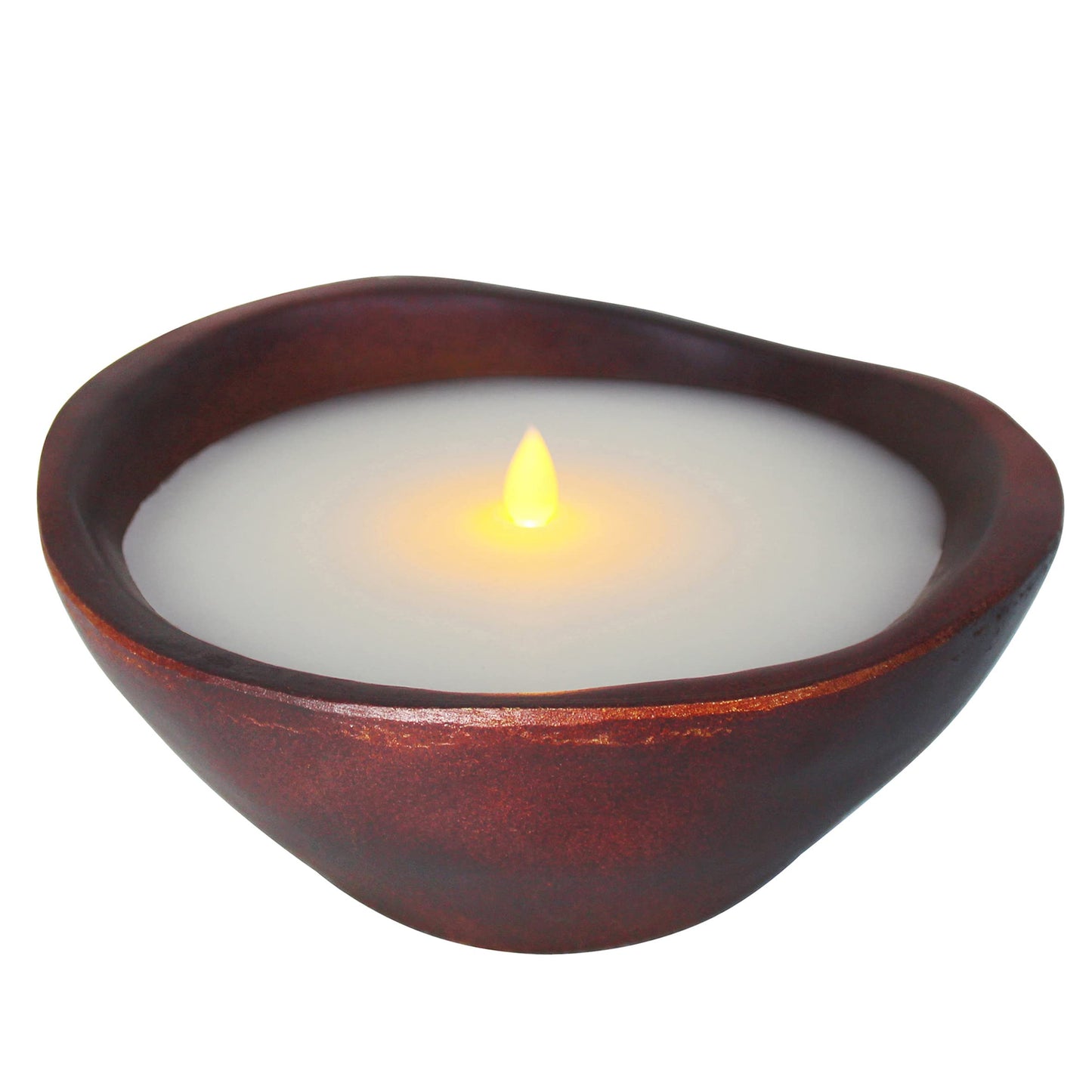 CVHOMEDECO. Farmhouse Wood Bowl Shape Flameless LED Candle, Real Wax in Rustic Treenware Wooden Bowl Flickering Candle Decor with Remote Control, 8.5 x 8.25 Inch Multicolor