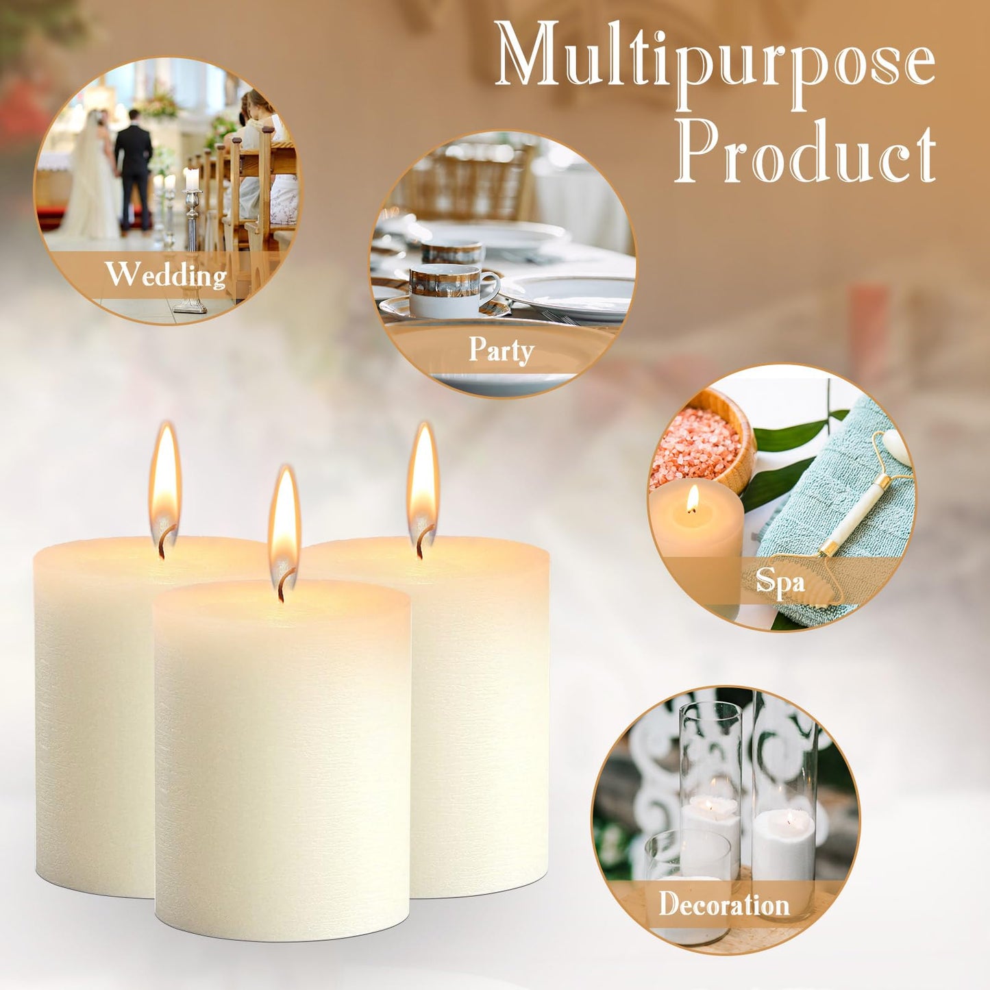 MTLEE 9 Pack Pillar Candles 3 x 4 Inch Smokeless and Dripless Large Candles Pillar Hand Poured Long Clean Burning Unscented Pillar Candles Set for Wedding Dinner and Home Decor (Ivory)