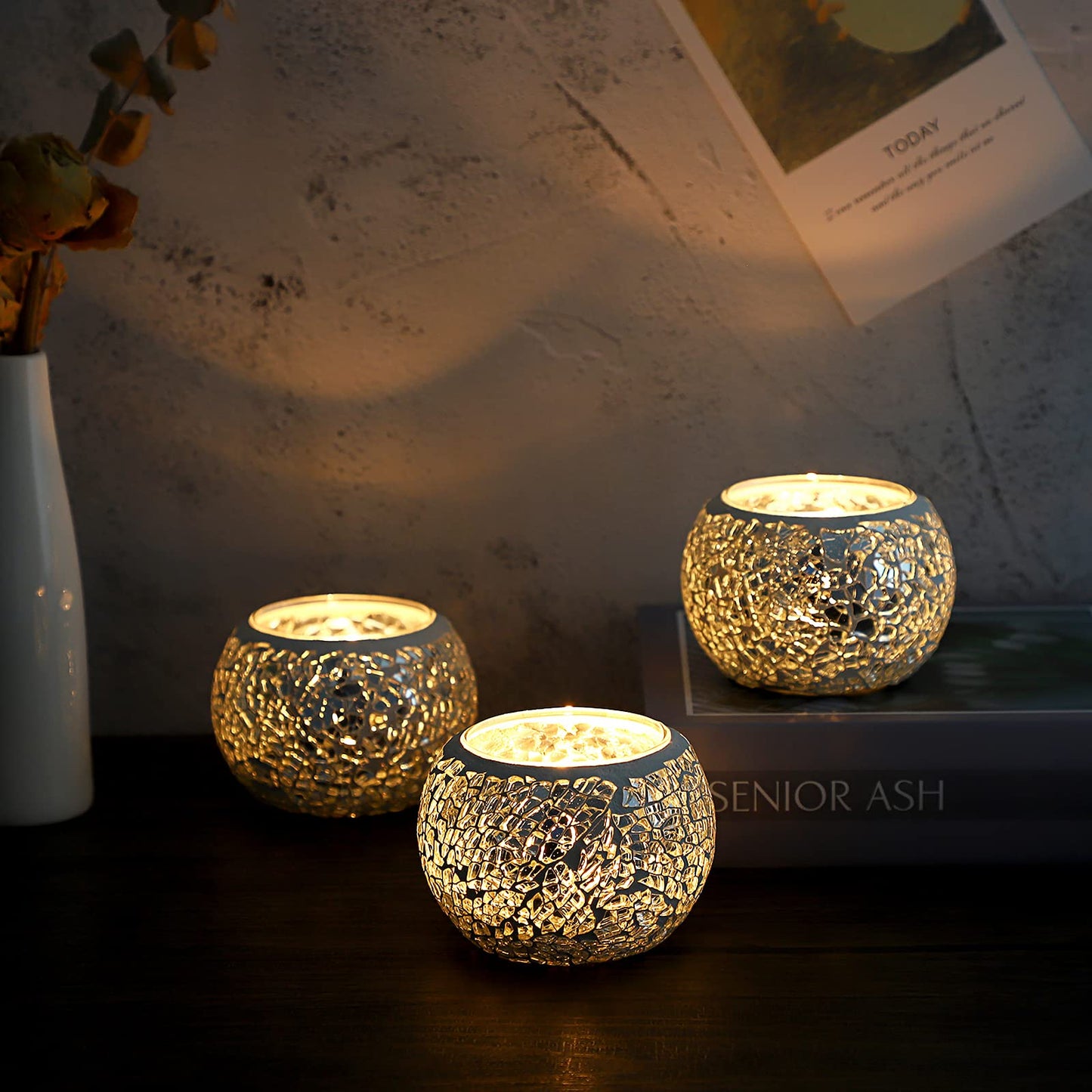OwnMy 3PCS Mosaic Glass Tea Light Holders Round Bowl Votive Candle Holders Pillar Candle Stands, Silver Glass Mosaic Tealight Holders Potted Plant Bowl Vase Candle Centerpiece for Dining Table Wedding
