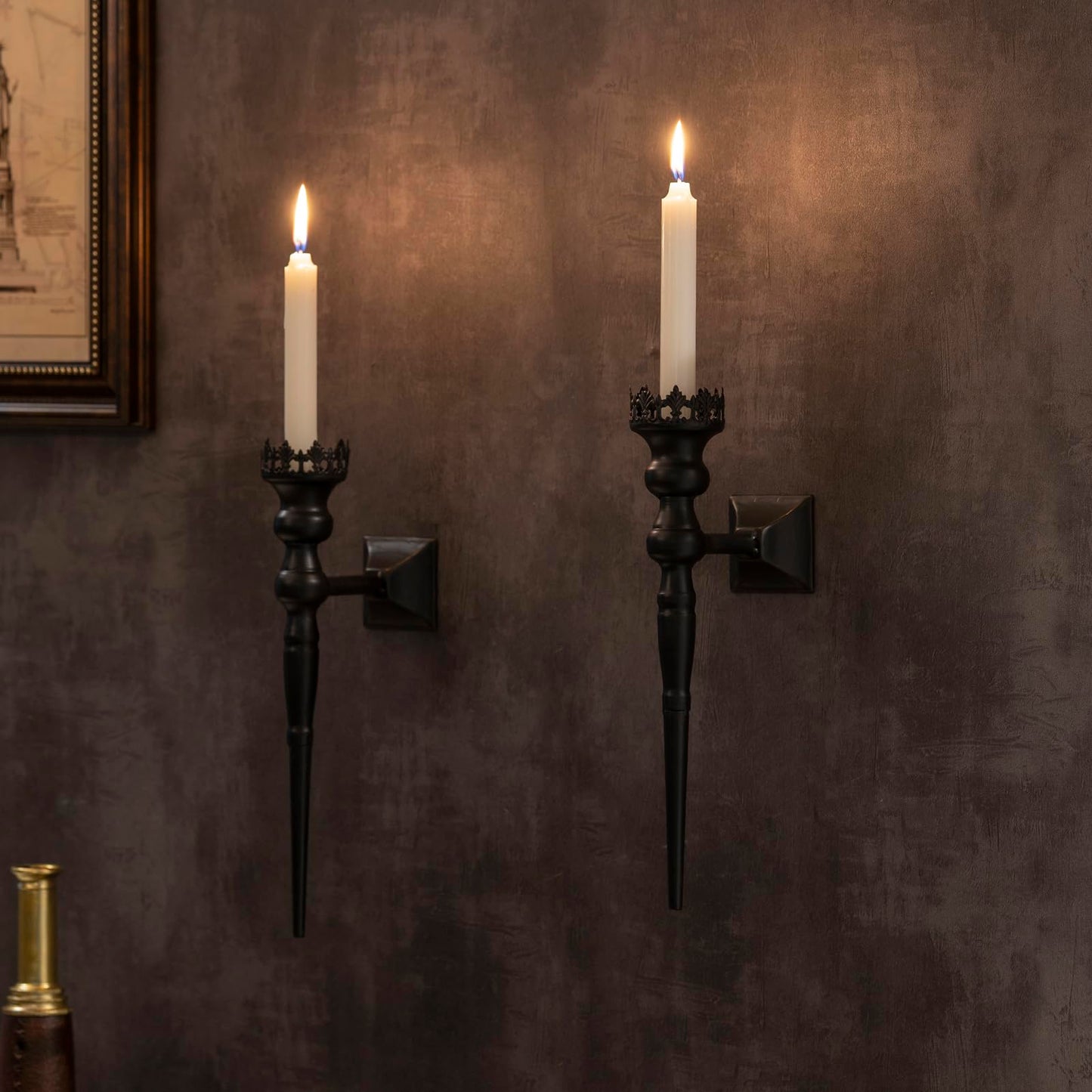Woparty Gothic Wall Sconce Candle Holder for Taper Candles (Set of 2) Black Iron Crown and Scepter Design Victorian Wall Decor for Living Room, Bathroom,Dining Room