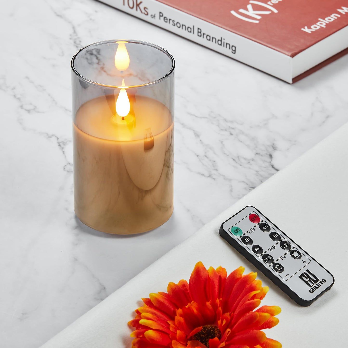 Guluto Glass Battery Operated LED Flameless Candles, Set of 2, D 3" x H 5", Real Wax Pillar Flickering Candles with Remote and Timer, Electronic Candle with 3D Wick for Festival Home Party Decor Grey