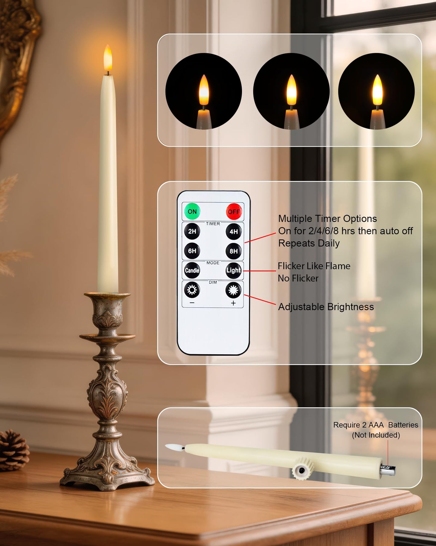 Homemory 11 inches Waxy Flameless Taper Candles with Remote Timer Dimmer, 12 Pcs Battery Operated Taper Candles with Flickering Flame, Ivory LED Candlesticks for Wedding, Christmas Indoor Decoration