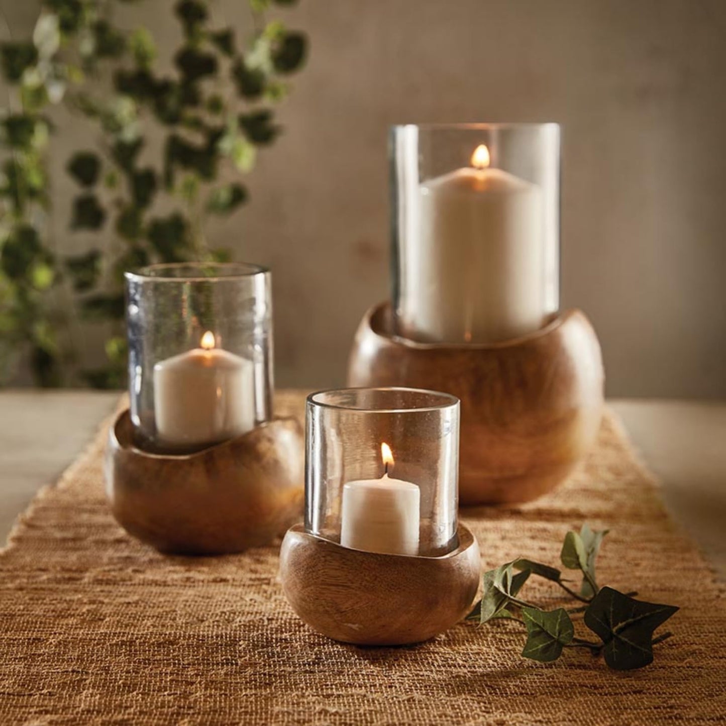 47th & Main Mango Wood and Glass Hurricane Candleholder, Small 4" Tall x 3.5" Diameter