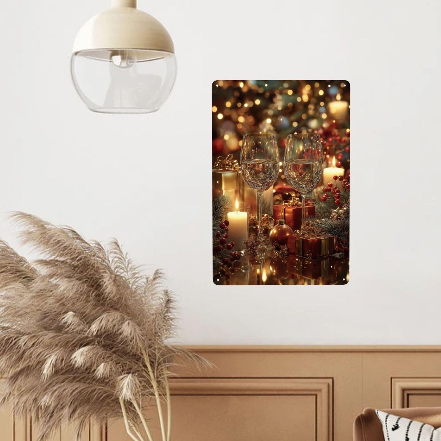 MA6GE8DE Two Wine Glasses With Candles, Gifts, Pine Sprigs And Berries, Warm Bokeh Glow,Metal Tin Plaque Sign, Ideal For Living Room And Bar Club, Gifts For Friends And Family 6x8 Inch