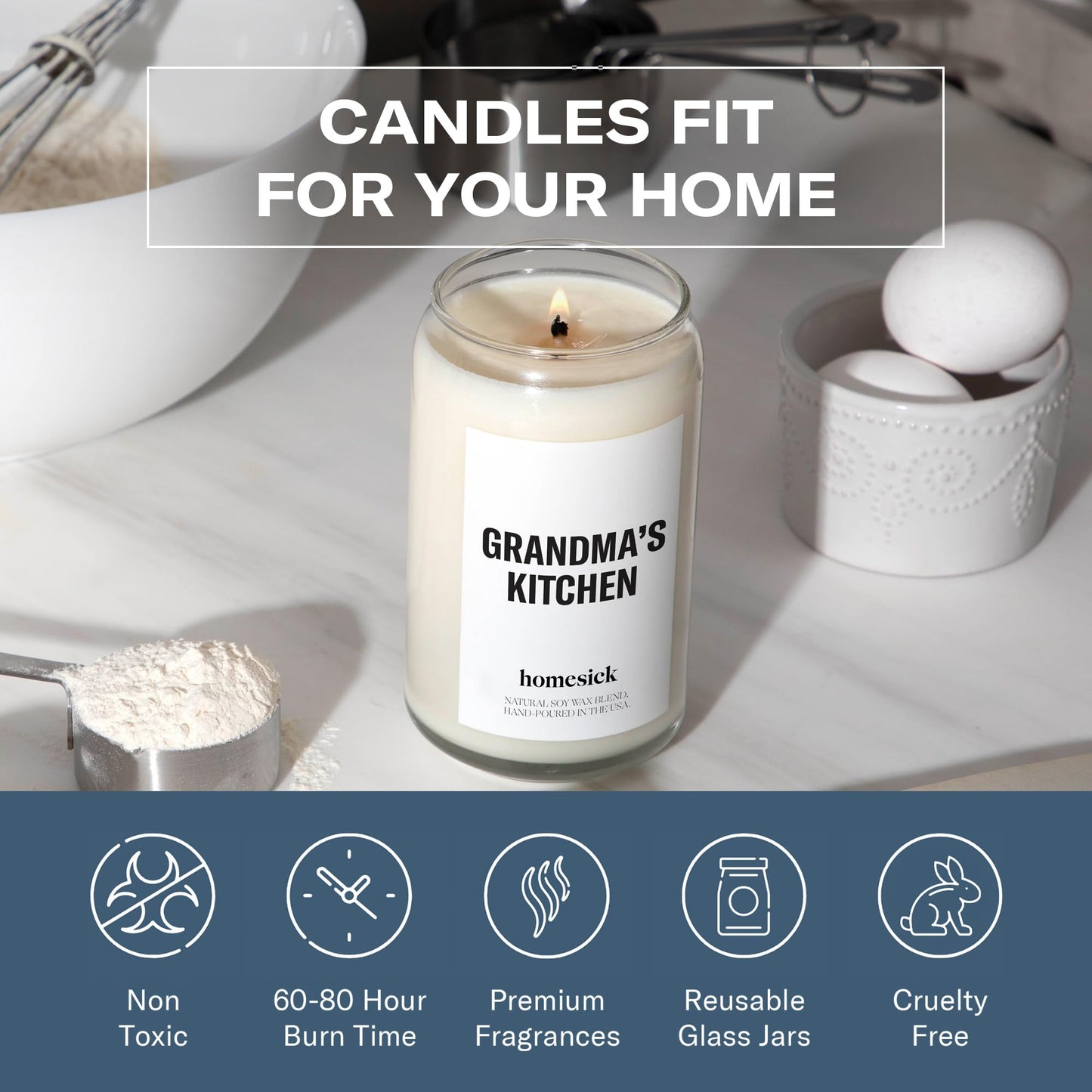 Homesick Scented Candles for Home (Grandma's Kitchen) - 13.75 oz Long-Lasting Natural Soy Wax Blend Jar Candle Gifts for Women & Men, 60-80 Hours Burn Time - Notes of Butter, Apple & Cream