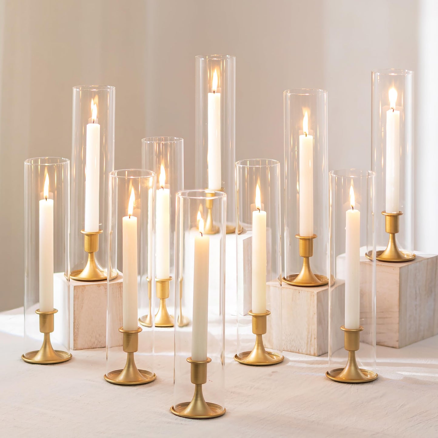 Romadedi Hurricane Candlestick Holders Gold - Taper Candle Holders Tall Clear Glass Cylinder for Wedding Table Centerpieces Party Decor Birthday Christmas Home Decorations Set of 2