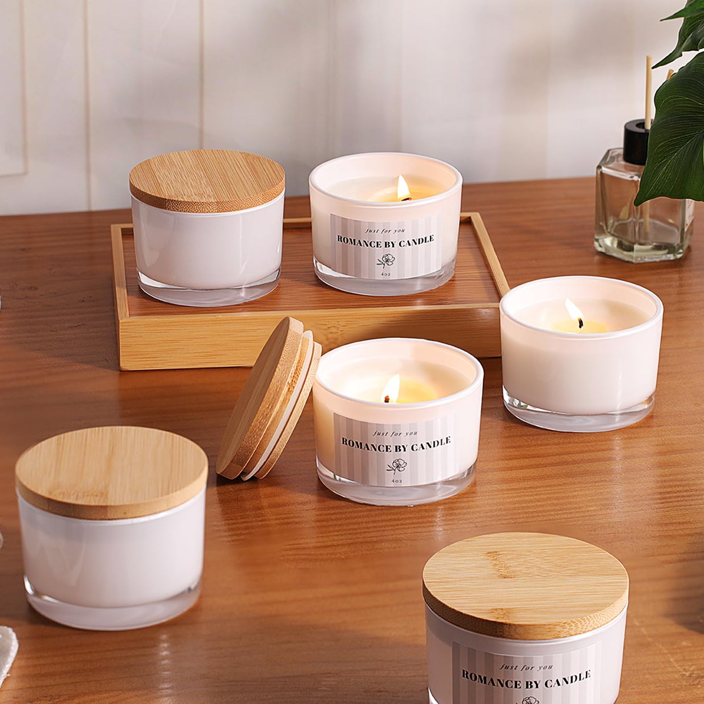 12 PCS White Candle Jars for Making Candles, 4 OZ Glass Jars with Bamboo Lids and Sticky Warning Labels, Candle Containers for DIY Gifts, Candle Making Supplies