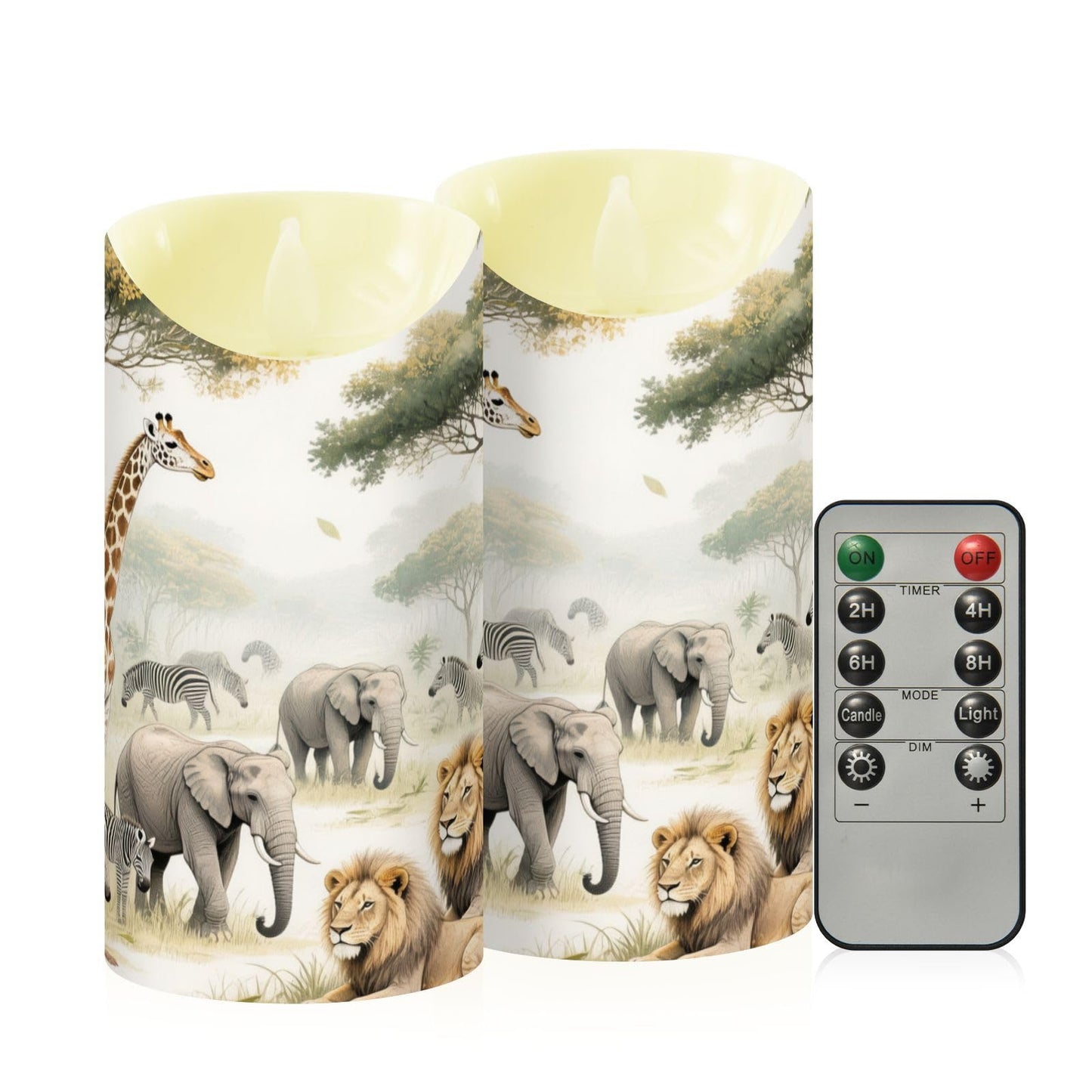 Gravopti Safari Animals 2 Pack Flameless LED Pillar Candles with Remote & Timer, Battery Operated, Flickering Wax Candle for Wedding, Romantic Home & Party Decor