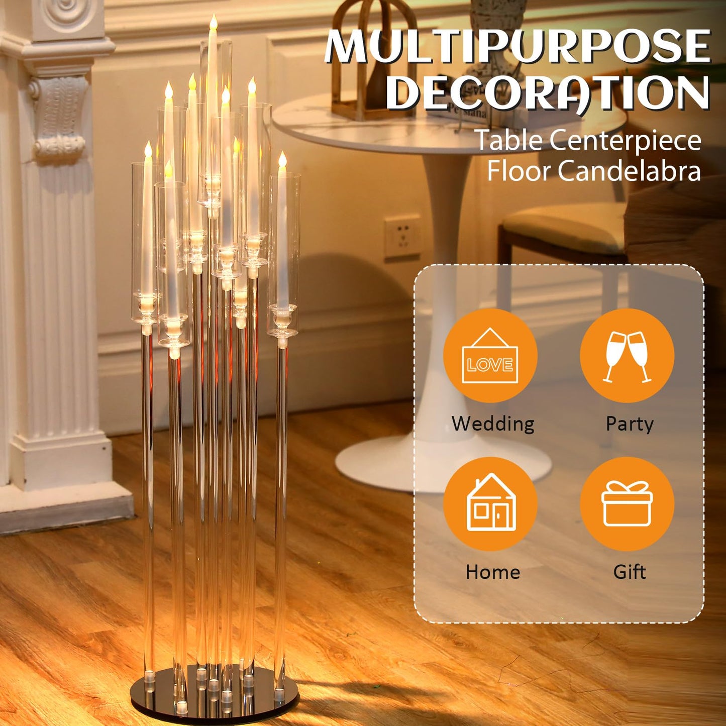 Tessco 4 Pcs 9 Arm 42.5" Acrylic Candelabra Table Centerpiece Floor Candelabras Clear Candle Holder with Removable Lampshade Wedding Candelabra Centerpiece Fit 0.8 LED