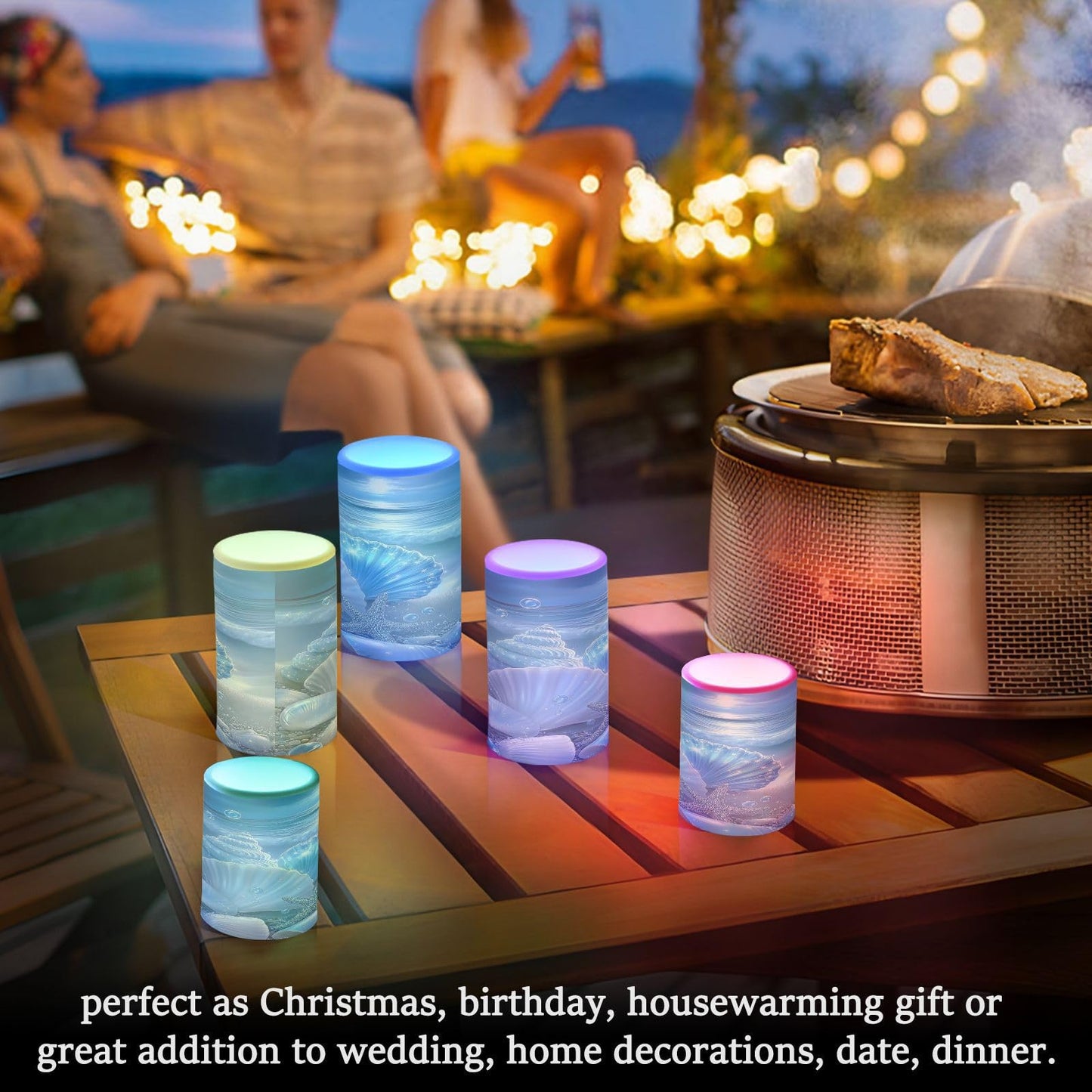 Glowing Blue Sea Conch Shells Star Flickering Flameless Candles LED Battery Operated with Remote Timer Pillar Candles for Home Birthday Wedding Christmas Decor, Set of 2