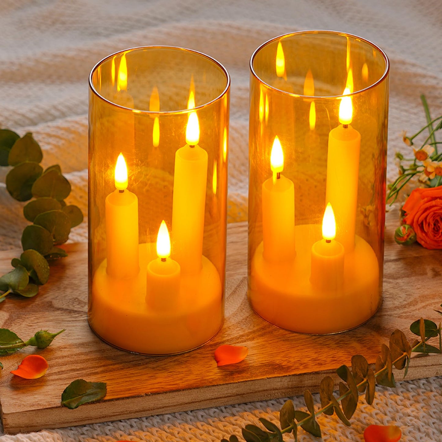 2 Pack 3D Wick Flameless Taper Candles, Champagne Transparent Acrylic Cover, Remote Control Flickering LED Candles, Battery Operated Electric Candles for Wedding Party Christmas Home Table Decor.