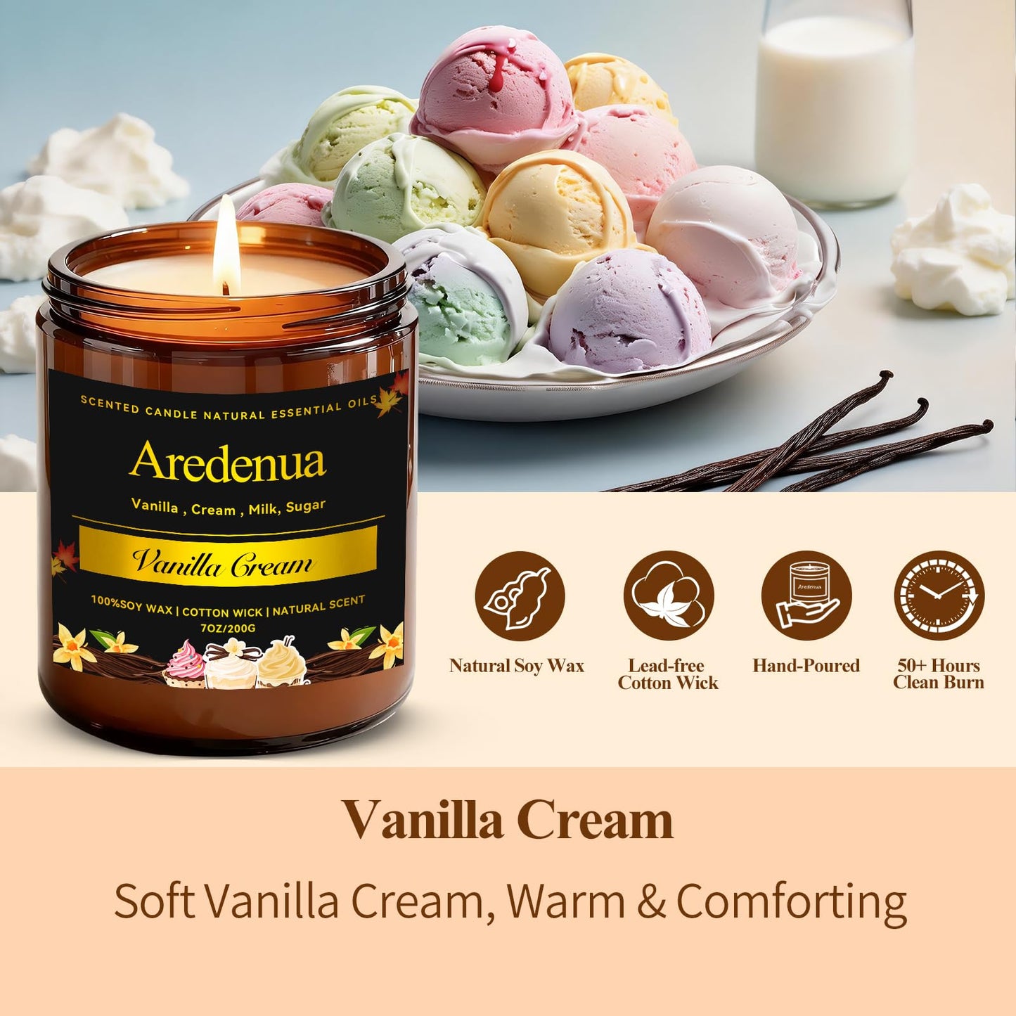 Vanilla Cream Odor Eliminating Candle, 7oz Long Lasting Soy Jar Candle, Natural Clean Burning Calming Aromatherapy Candle, Natural Odor Remover for Pet Smell, Smoke, Food, Bedroom Relaxation Gift